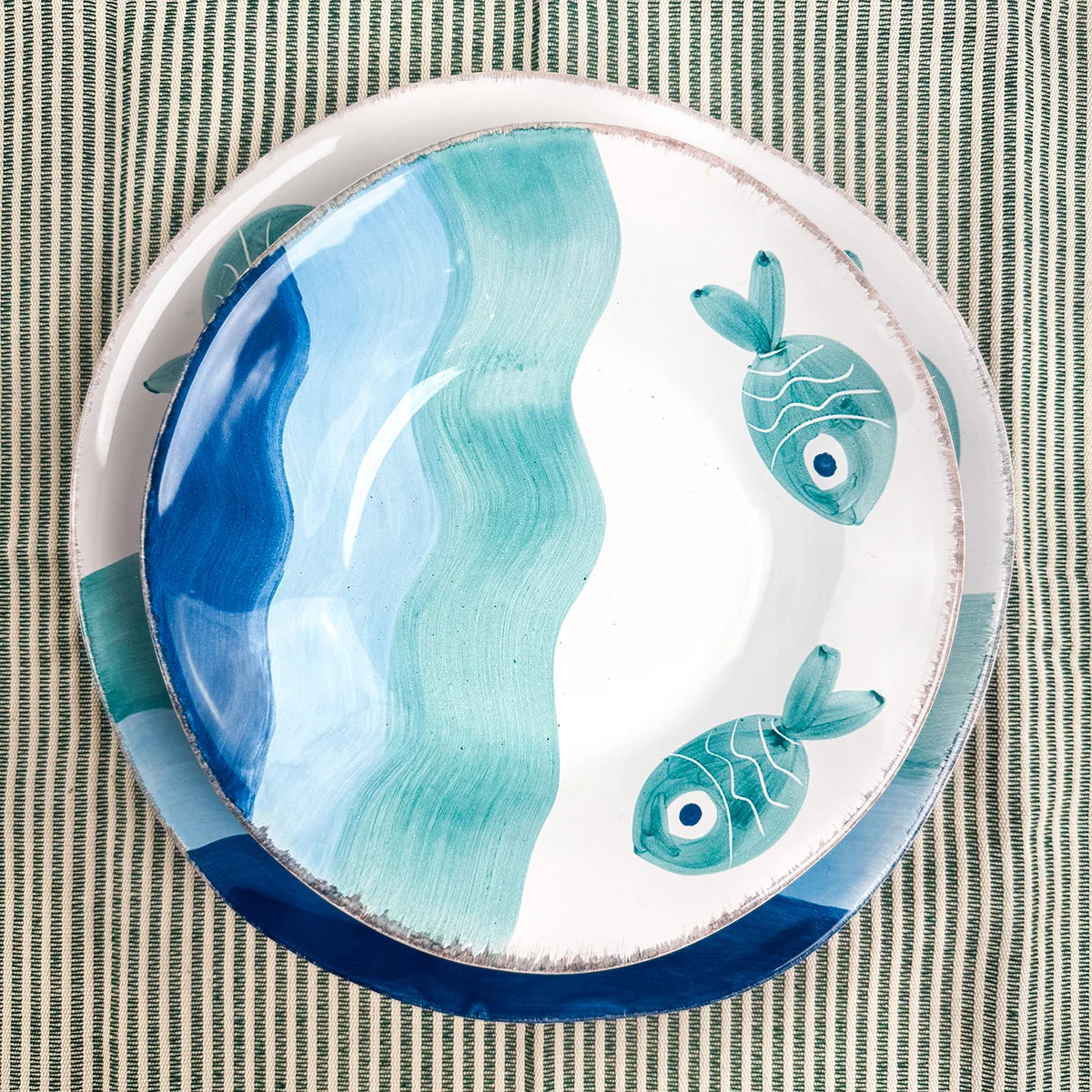 Set of two Tuscan ceramic dinner plates and pasta bowls with fish design by My Italian Decor, made in Italy.