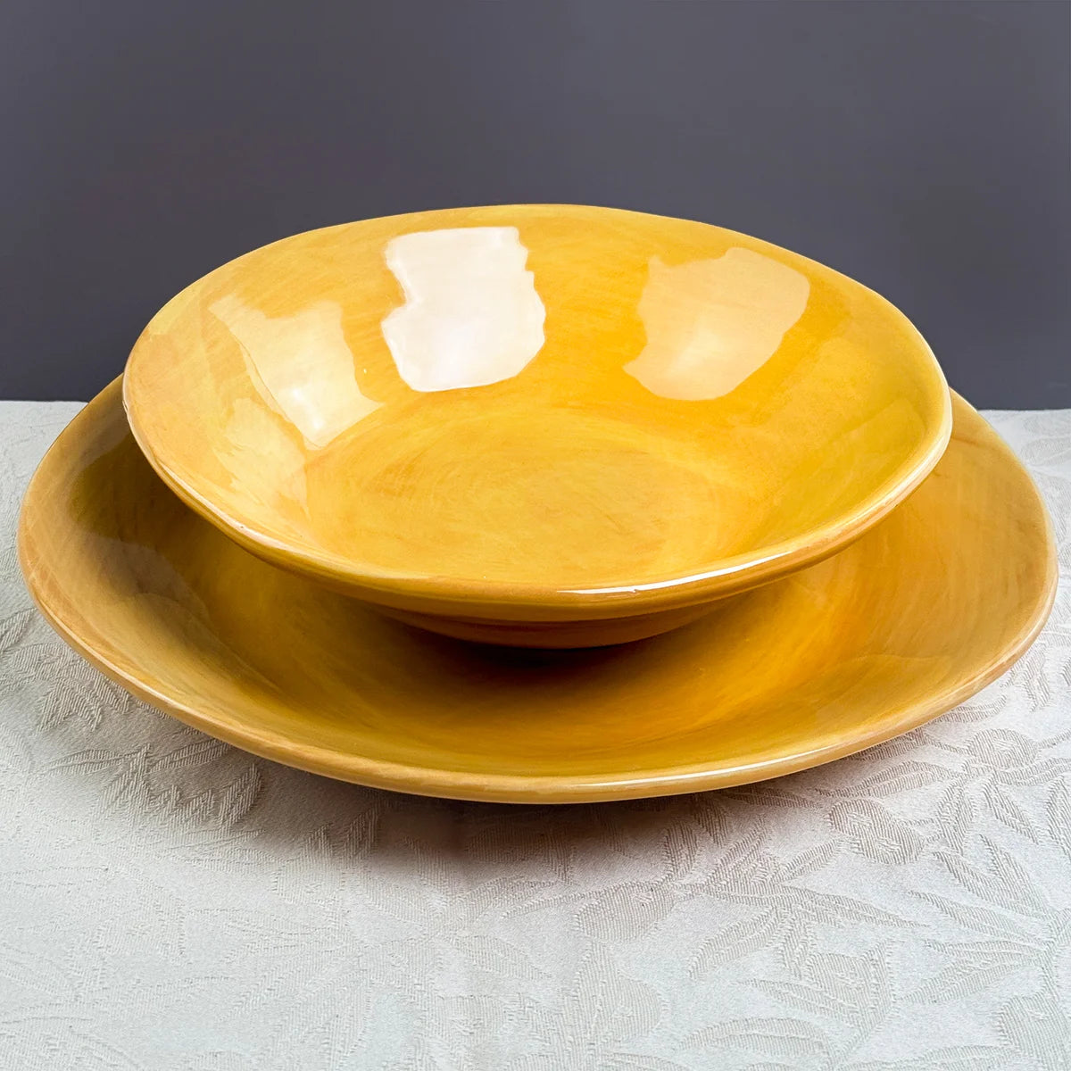 Set of two Tuscan ceramic pasta bowls by My Italian Decor, made in Italy, featuring traditional rustic design and warm earthy tones.