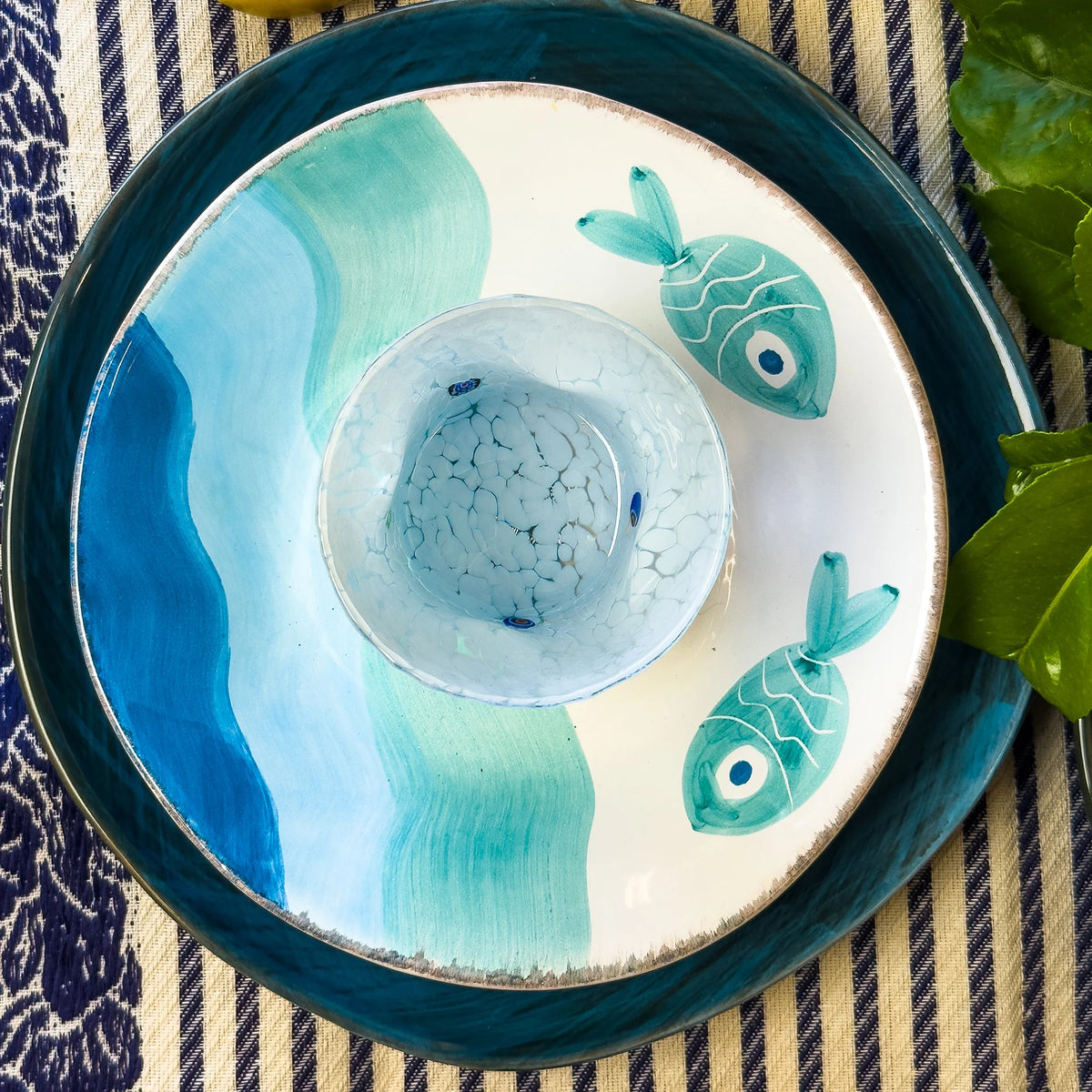 Fish Design Tuscan Ceramic Dinner Plates and Pasta Bowls, Set of 2, Made in Italy