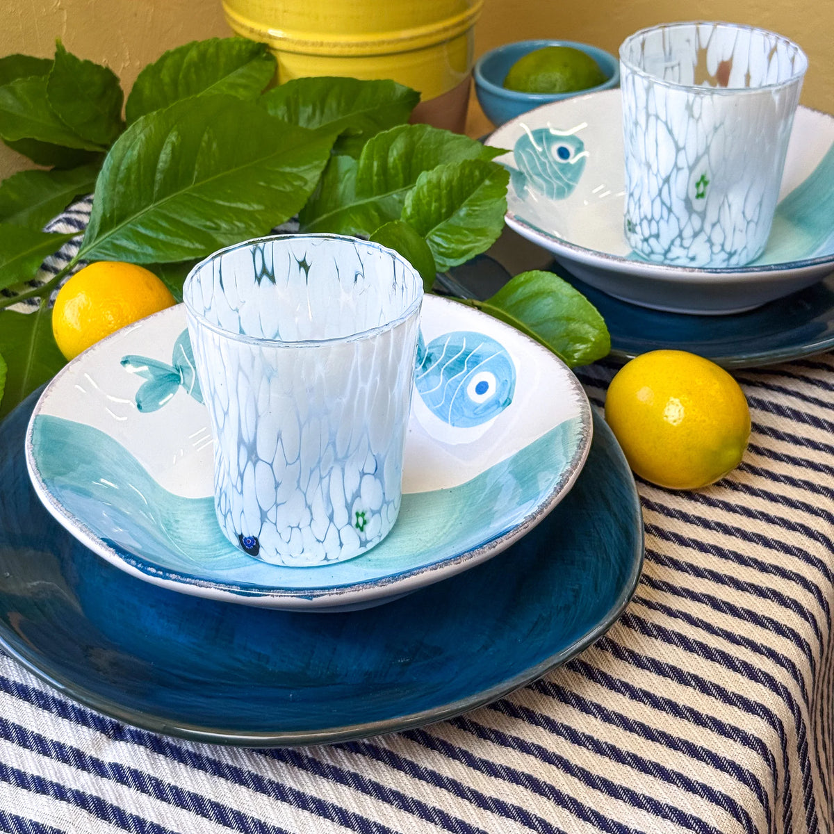 Fish Design Tuscan Ceramic Dinner Plates and Pasta Bowls, Set of 2, Made in Italy