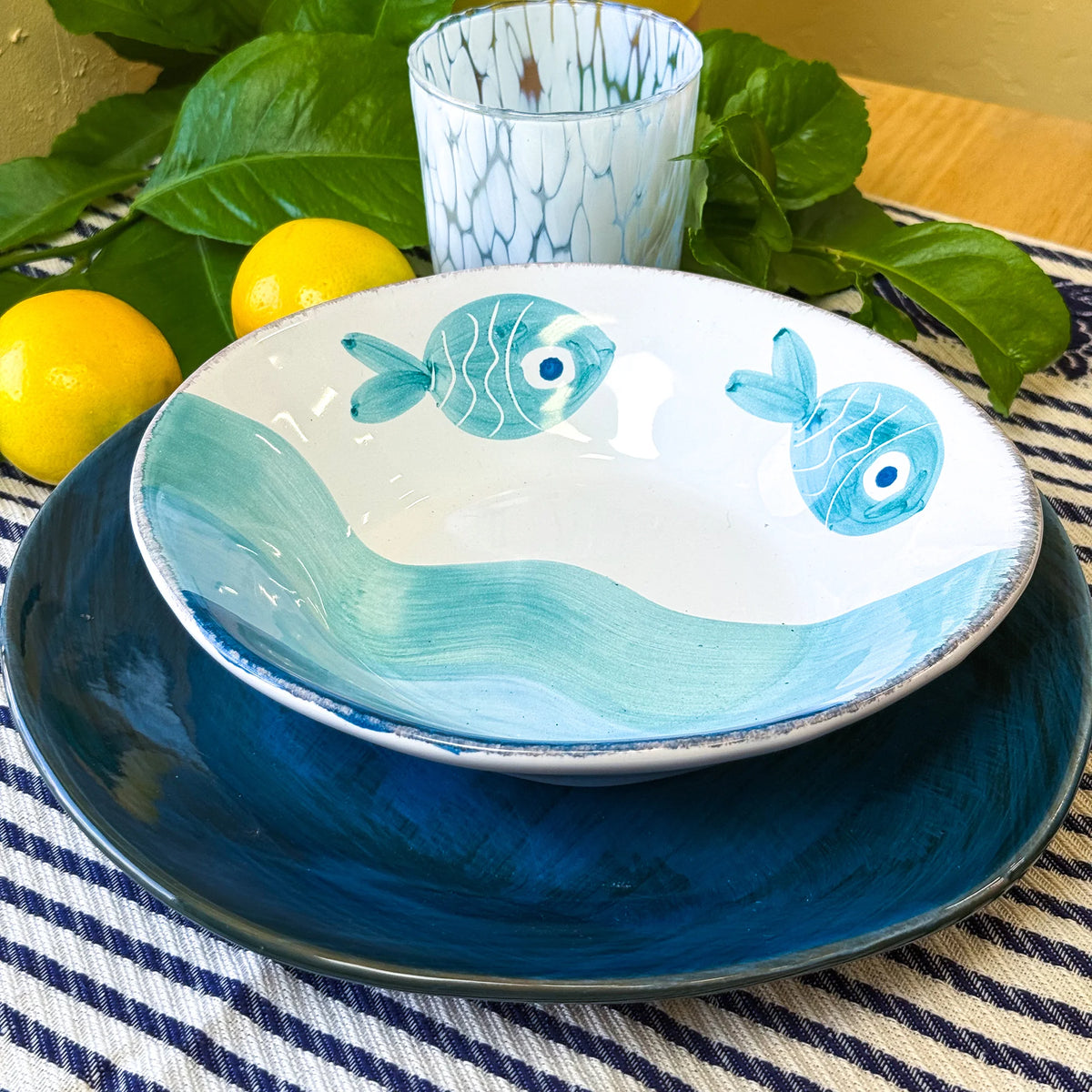 Fish Design Tuscan Ceramic Dinner Plates and Pasta Bowls, Set of 2, Made in Italy