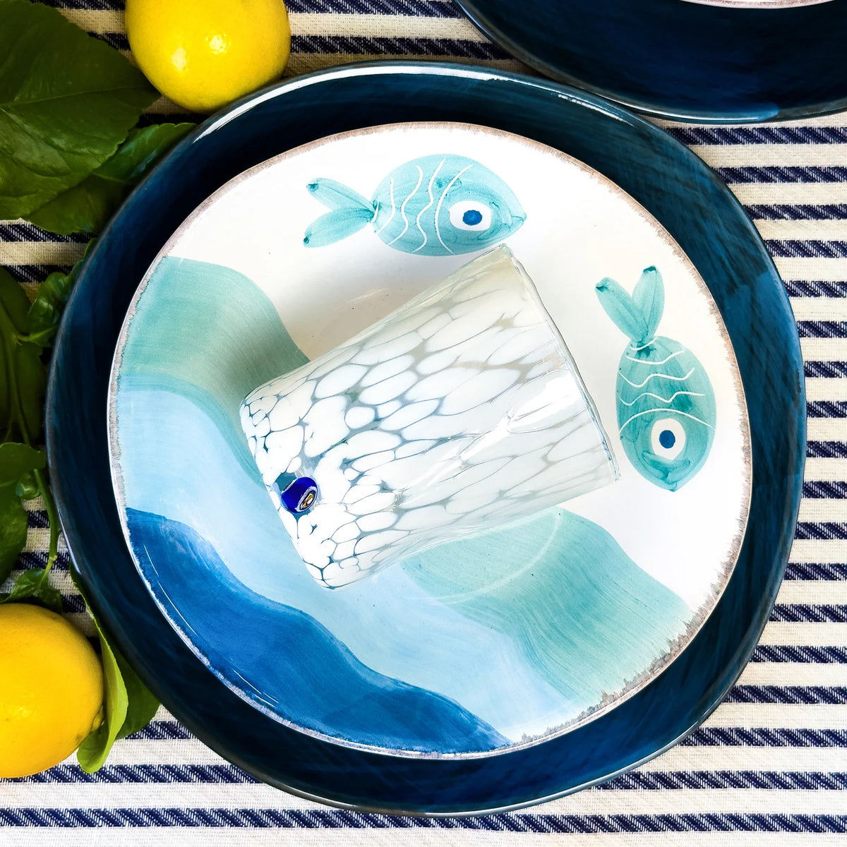 Fish Design Tuscan Ceramic Dinner Plates and Pasta Bowls, Set of 2, Made in Italy