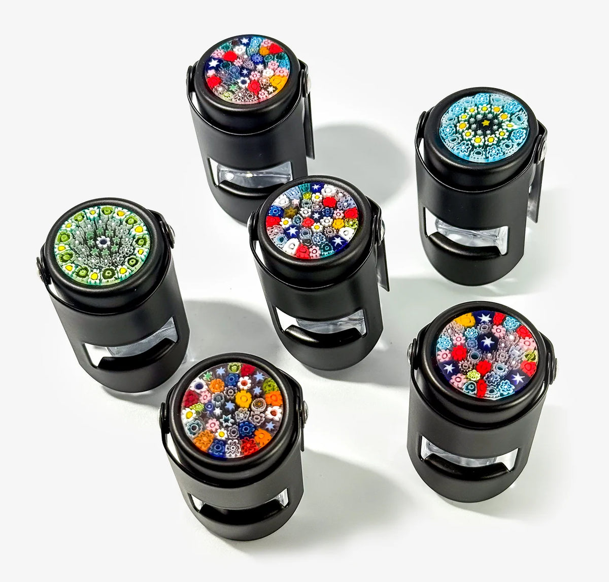 Black Matte Millefiori Champagne Stoppers, Made in Italy