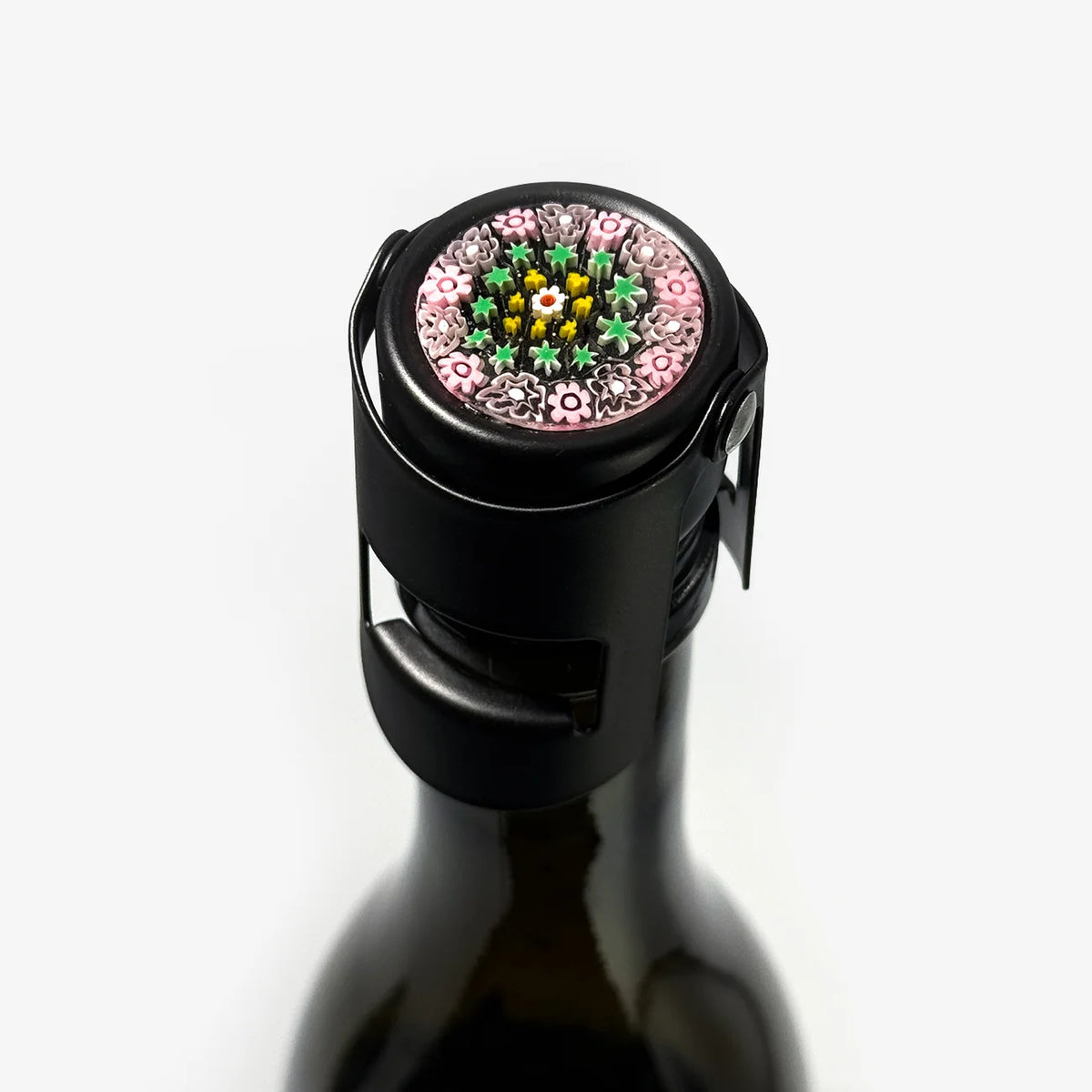 Black Matte Millefiori Champagne Stoppers, Made in Italy