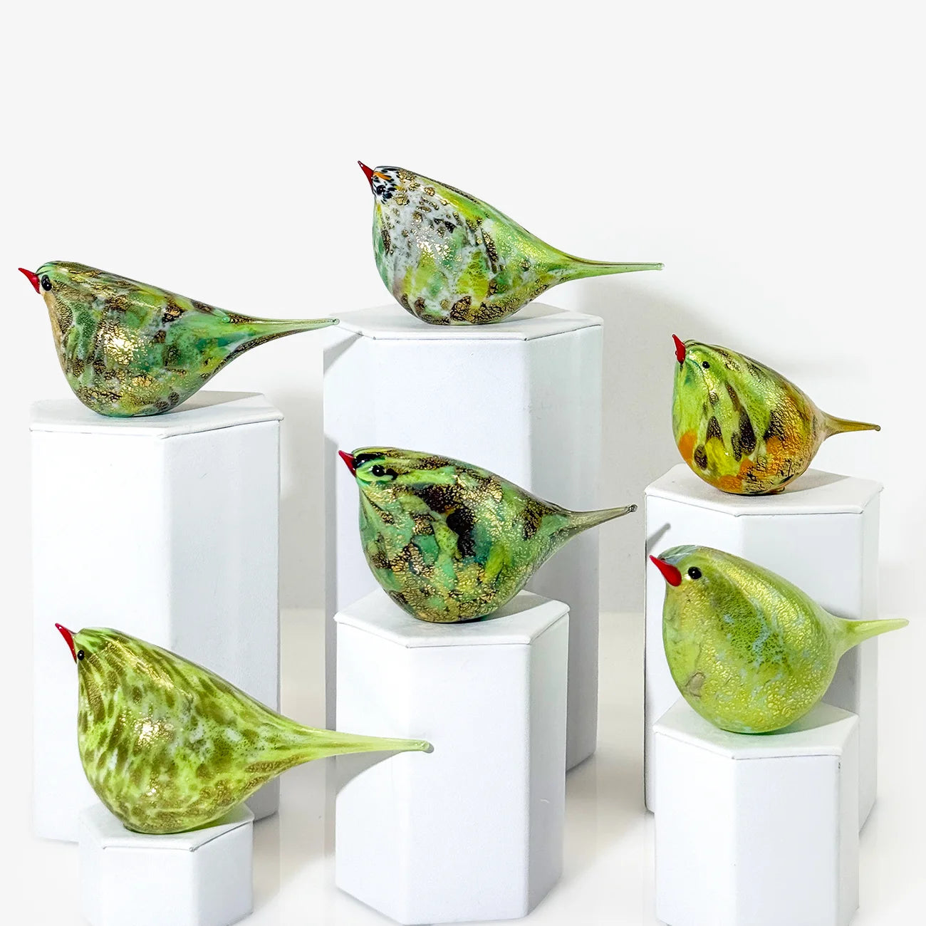 Lime green Murano glass Chirpie bird figurine with 24k gold accents by My Italian Decor, showcasing intricate glass artistry.
