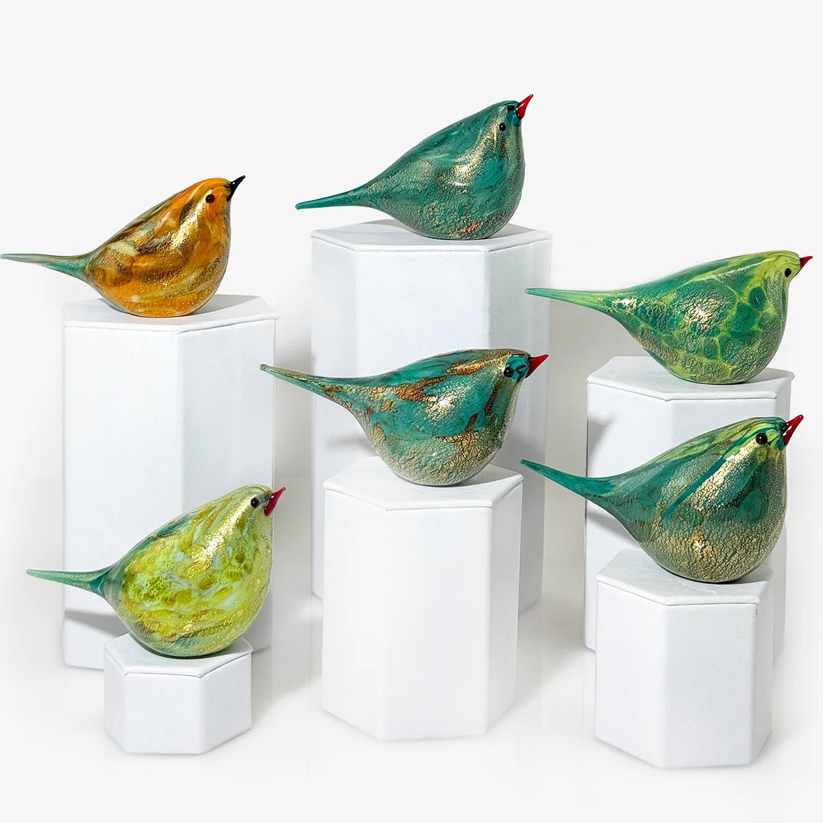Murano blown glass Bruno Chirpie bird figurine by My Italian Decor, showcasing colorful and intricate glass art craftsmanship.