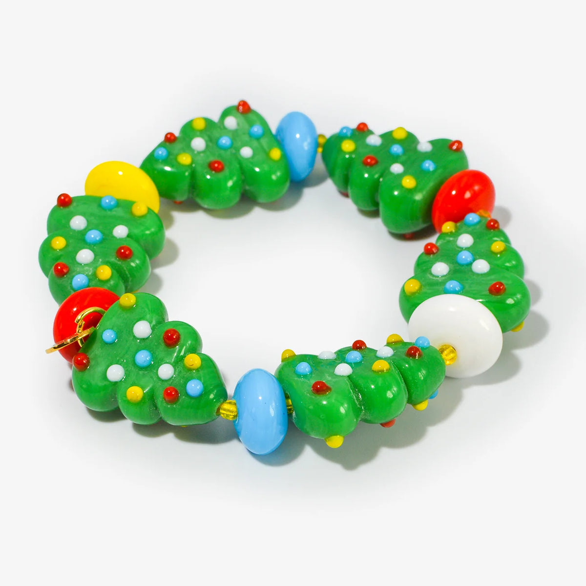 Colorful festive Christmas bead bracelet by Crazy 4 Glass, made in Murano, Italy, featuring holiday-themed glass beads.