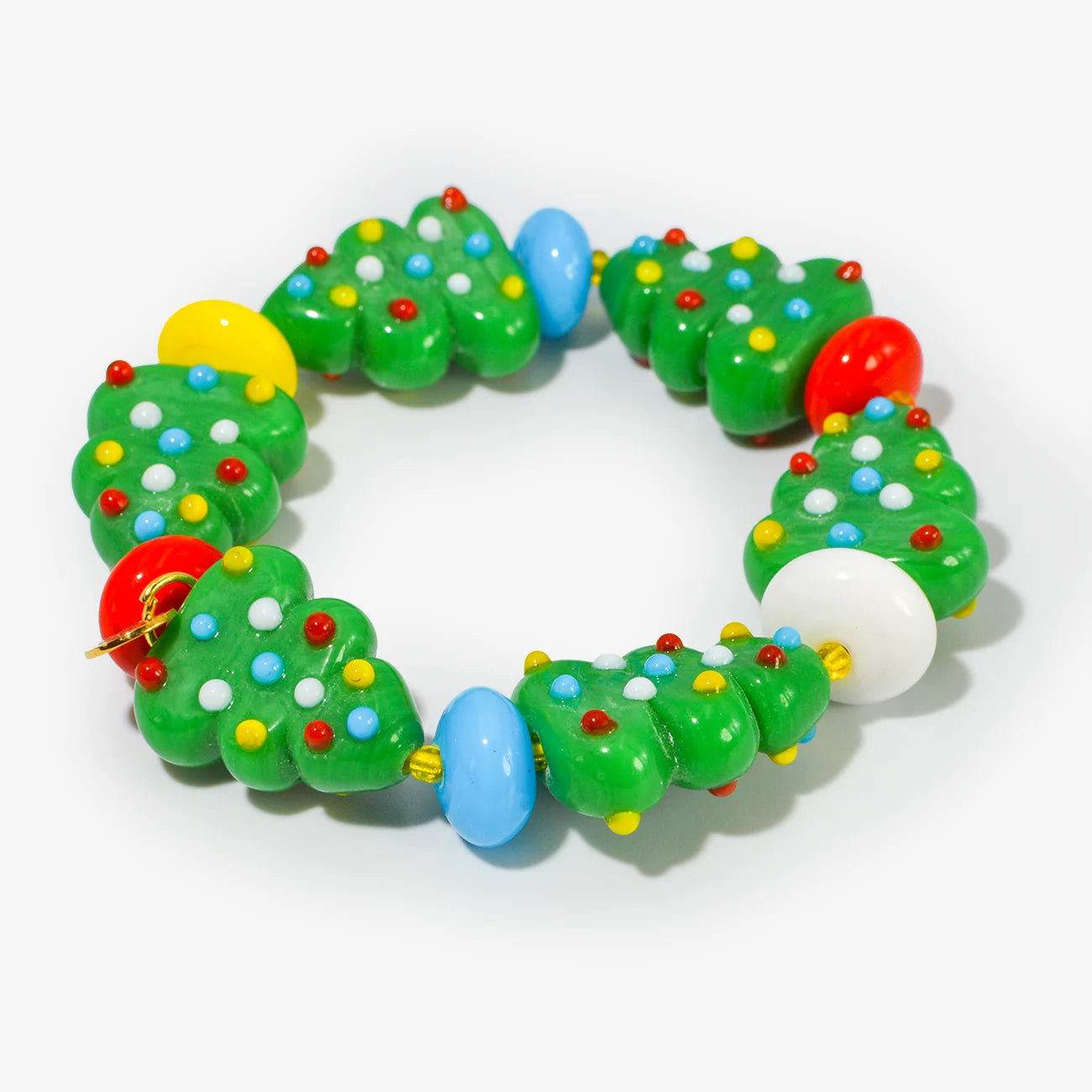 Festive Christmas bead bracelet by Crazy 4 Glass featuring colorful Murano glass beads, perfect for holiday accessories.
