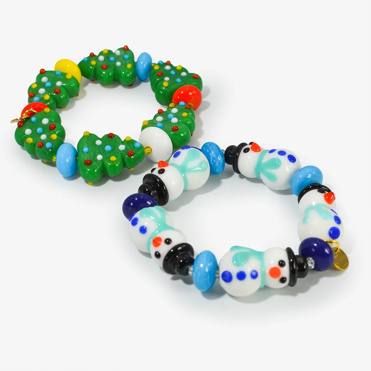 Colorful Murano glass bead Christmas bracelet by Crazy 4 Glass featuring festive holiday-themed beads.