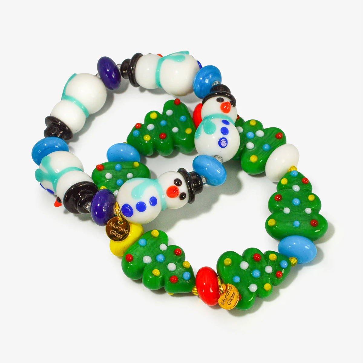 Festive Christmas bead bracelet by Crazy 4 Glass featuring colorful Murano glass beads, perfect for holiday accessories.