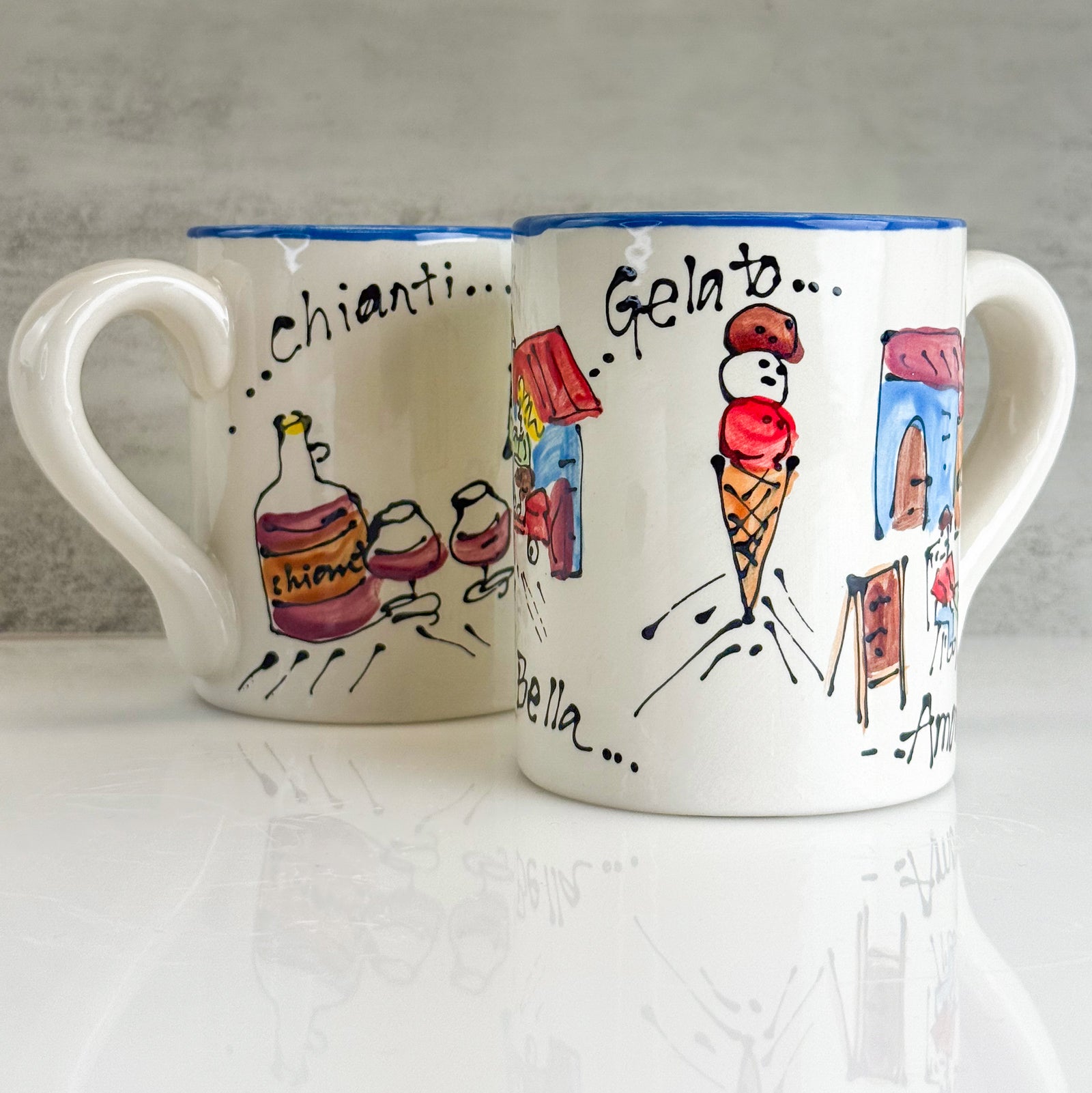 Hand-painted La Dolce Vita ceramic mug with "Ciao Bella" design by My Italian Decor, showcasing vibrant Italian-inspired artwork.