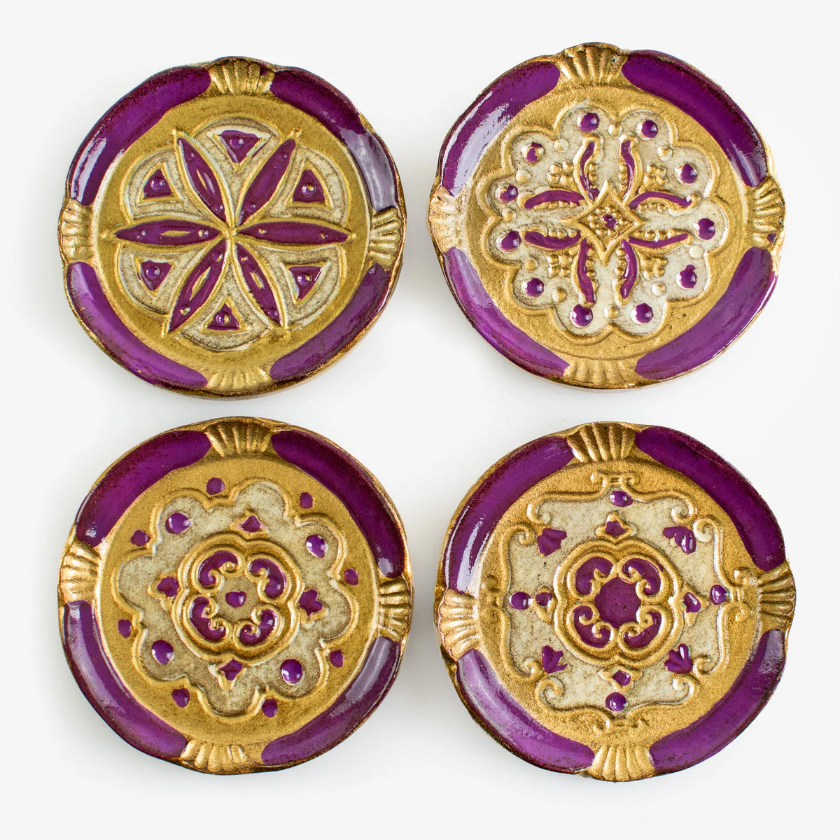 Set of Florentine wood coasters with decorative trays from My Italian Decor, showcasing detailed handcrafted designs on natural wood surfaces.