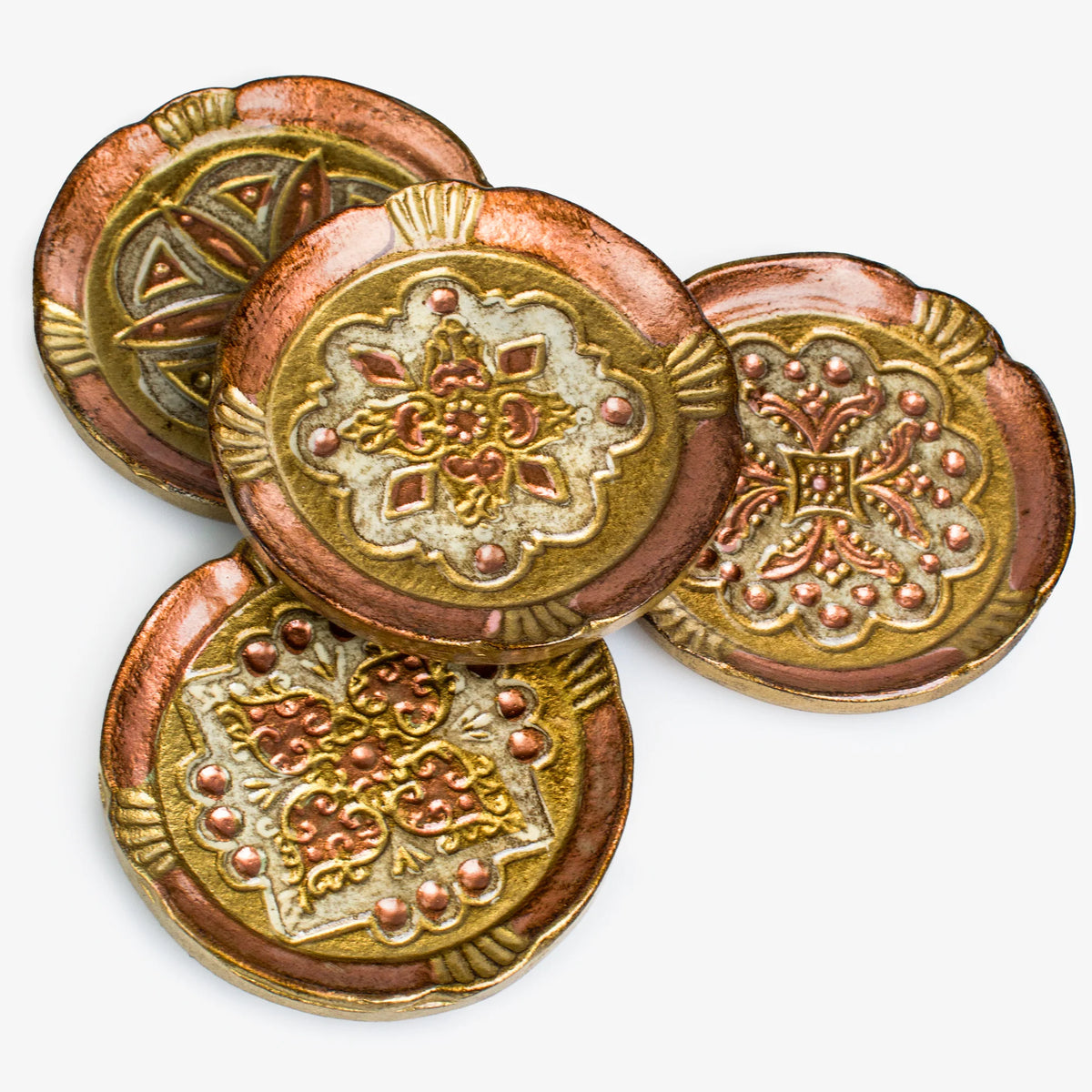 Set of Florentine wood coasters from My Italian Decor, featuring decorative trays with intricate Italian-inspired designs.