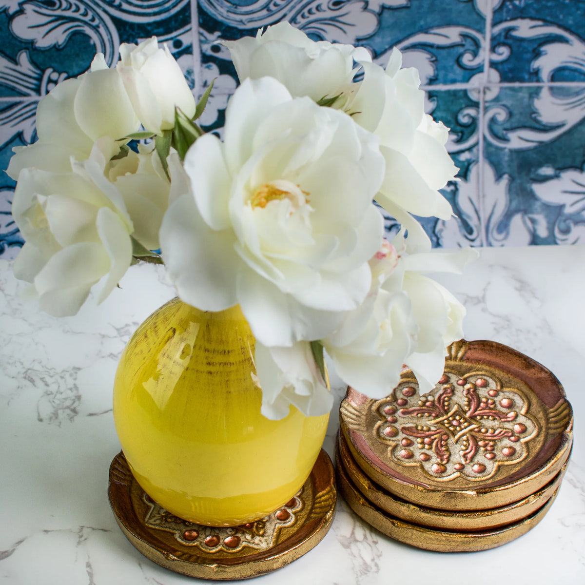 Set of Florentine wood coasters from My Italian Decor, featuring decorative trays with intricate Italian-inspired designs.