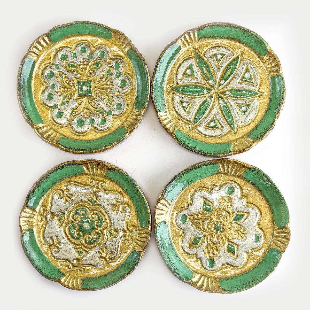 Set of four Florentine wood coasters from My Italian Decor, decorative trays with intricate Italian-inspired designs.