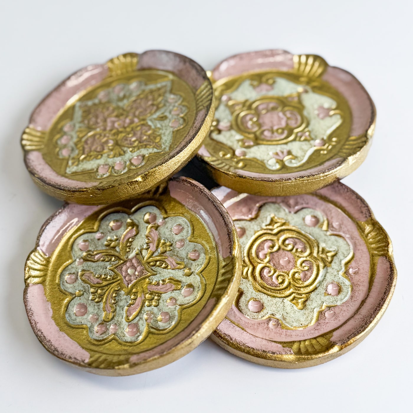 Set of four Florentine wood coasters from My Italian Decor, decorative trays with intricate Italian-inspired designs.