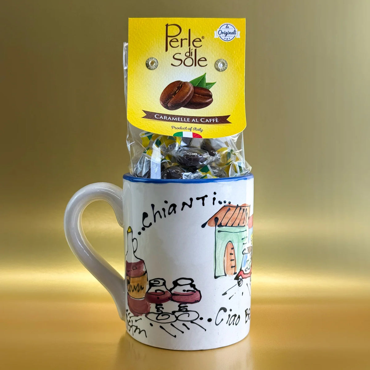 Ceramic mug with "La Dolce Vita" design filled with hard coffee candies, part of My Italian Decor's coffee candy mug bundle