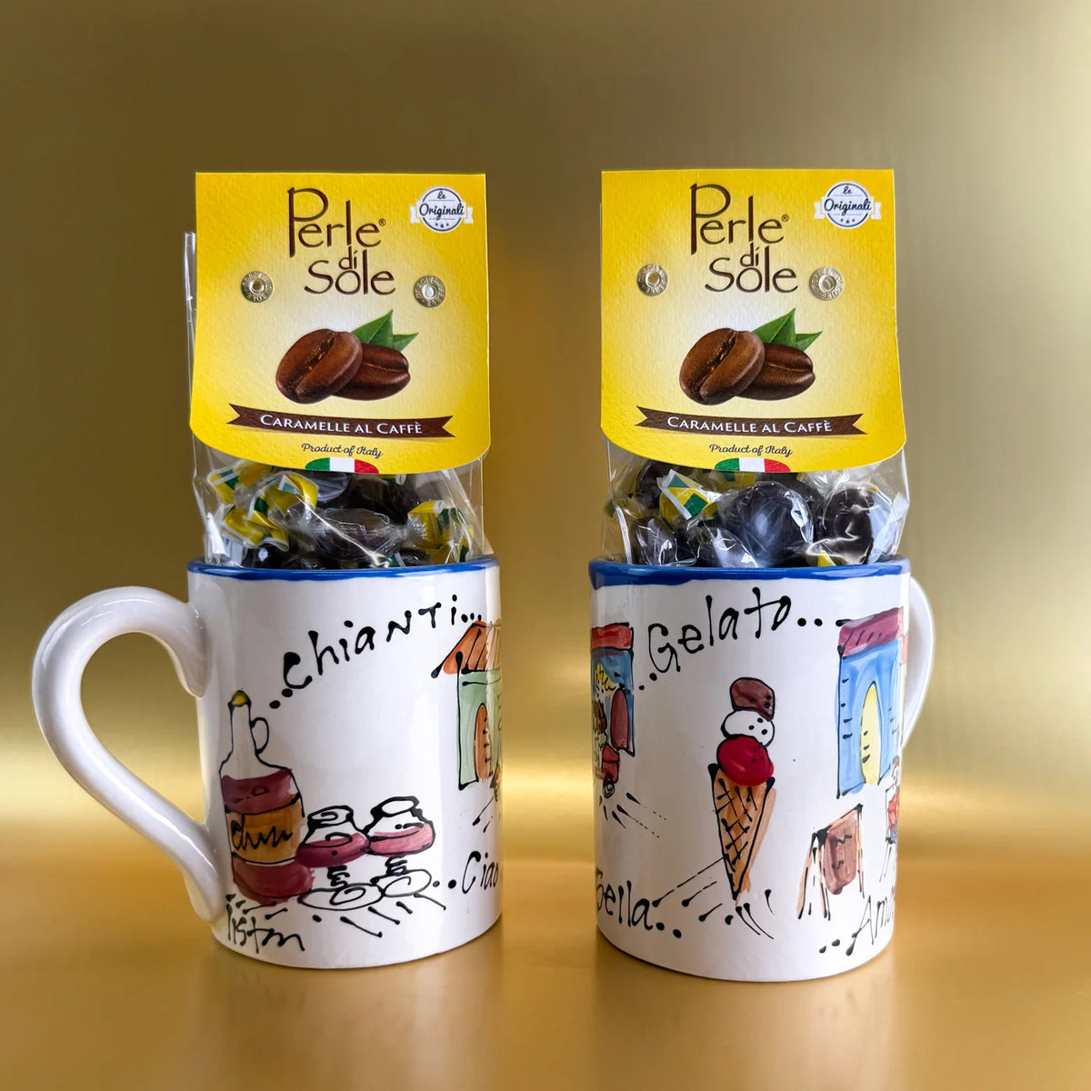 Ceramic mug with "La Dolce Vita" design filled with hard coffee candies, from My Italian Decor, on a white background.