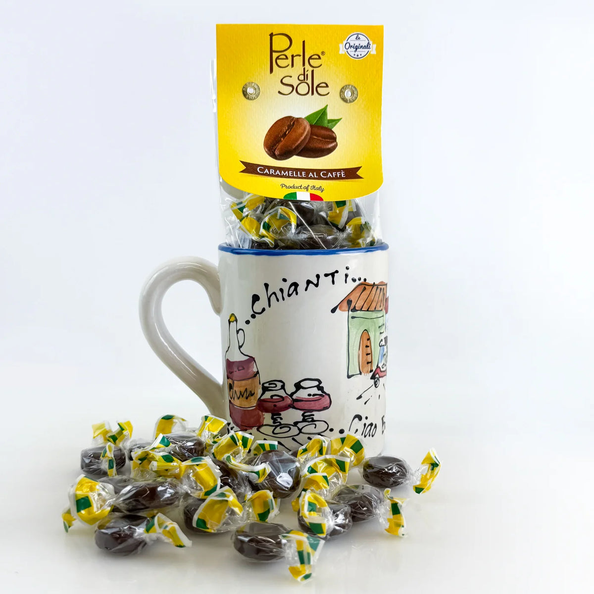 Ceramic mug with "La Dolce Vita" design filled with hard coffee candies from My Italian Decor, on a neutral background.