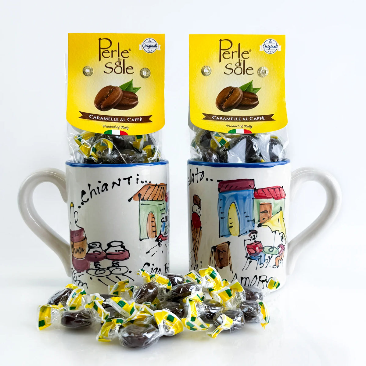 Ceramic mug with La Dolce Vita design filled with hard coffee candies, featuring a stylish Italian-themed coffee set.