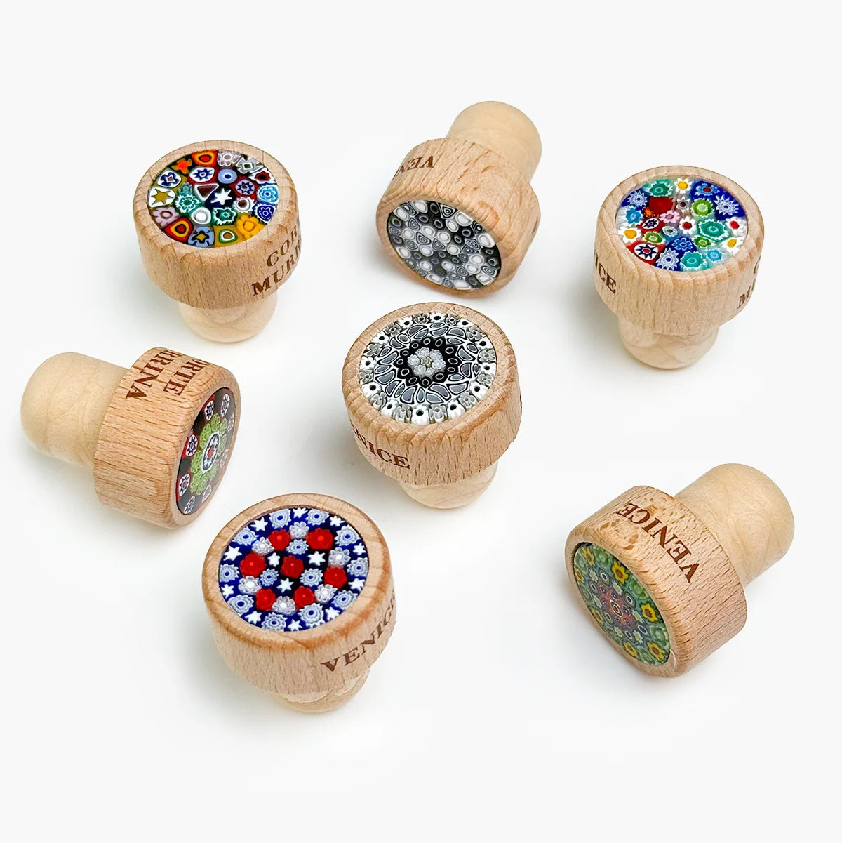 Murano glass wood wine stopper from Italy with elegant design, perfect for sealing wine bottles and preserving freshness.