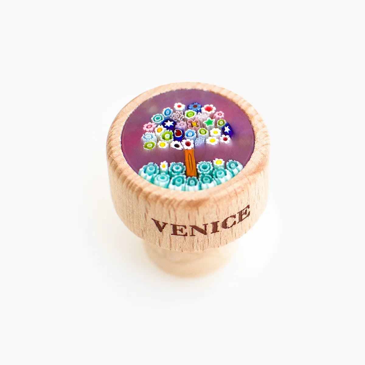 Murano glass wood wine stopper with tree design, made in Italy, for sealing bottles and preserving wine freshness.