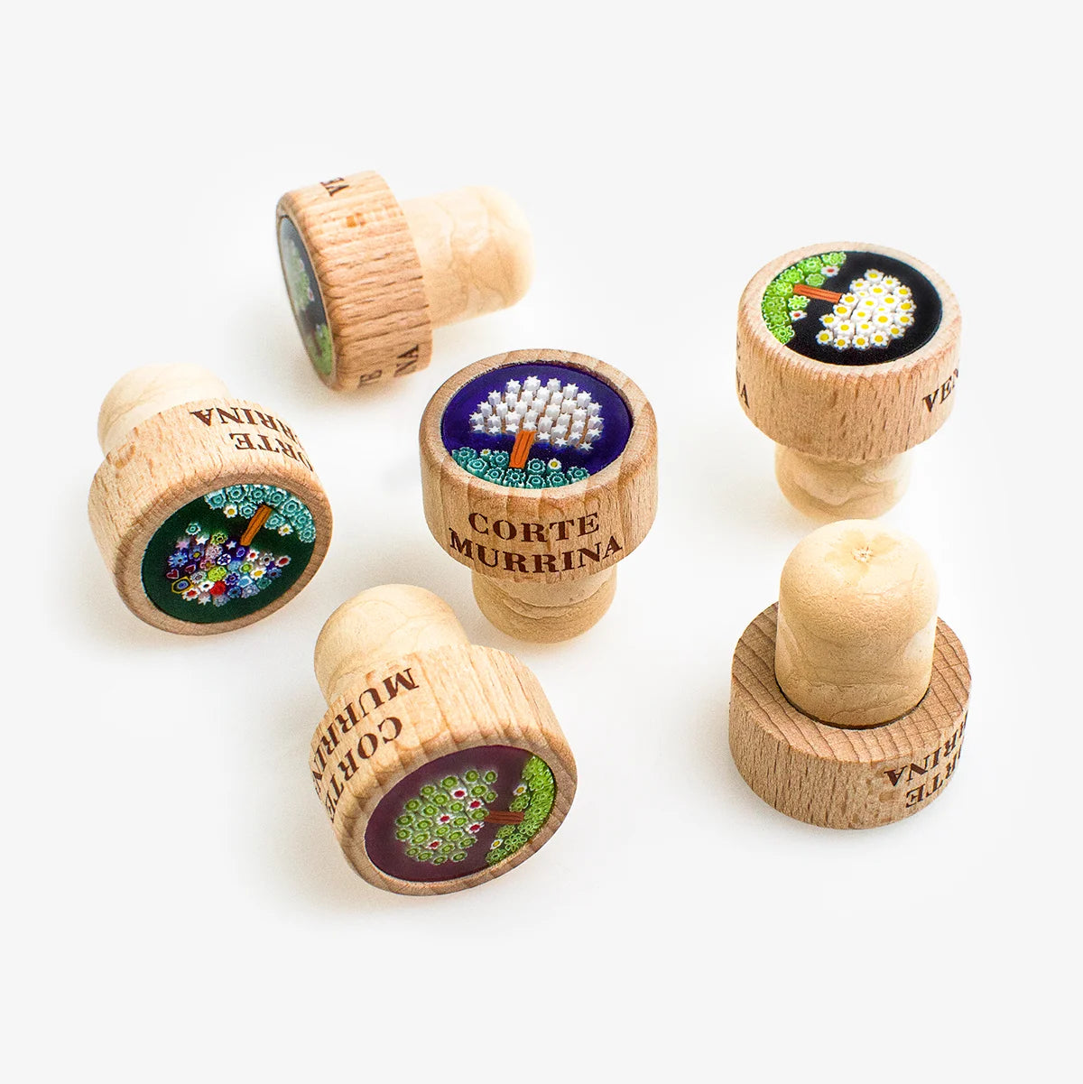 Murano glass wine stopper with a tree design from Italy, featuring handcrafted wood accents, perfect for sealing bottles.
