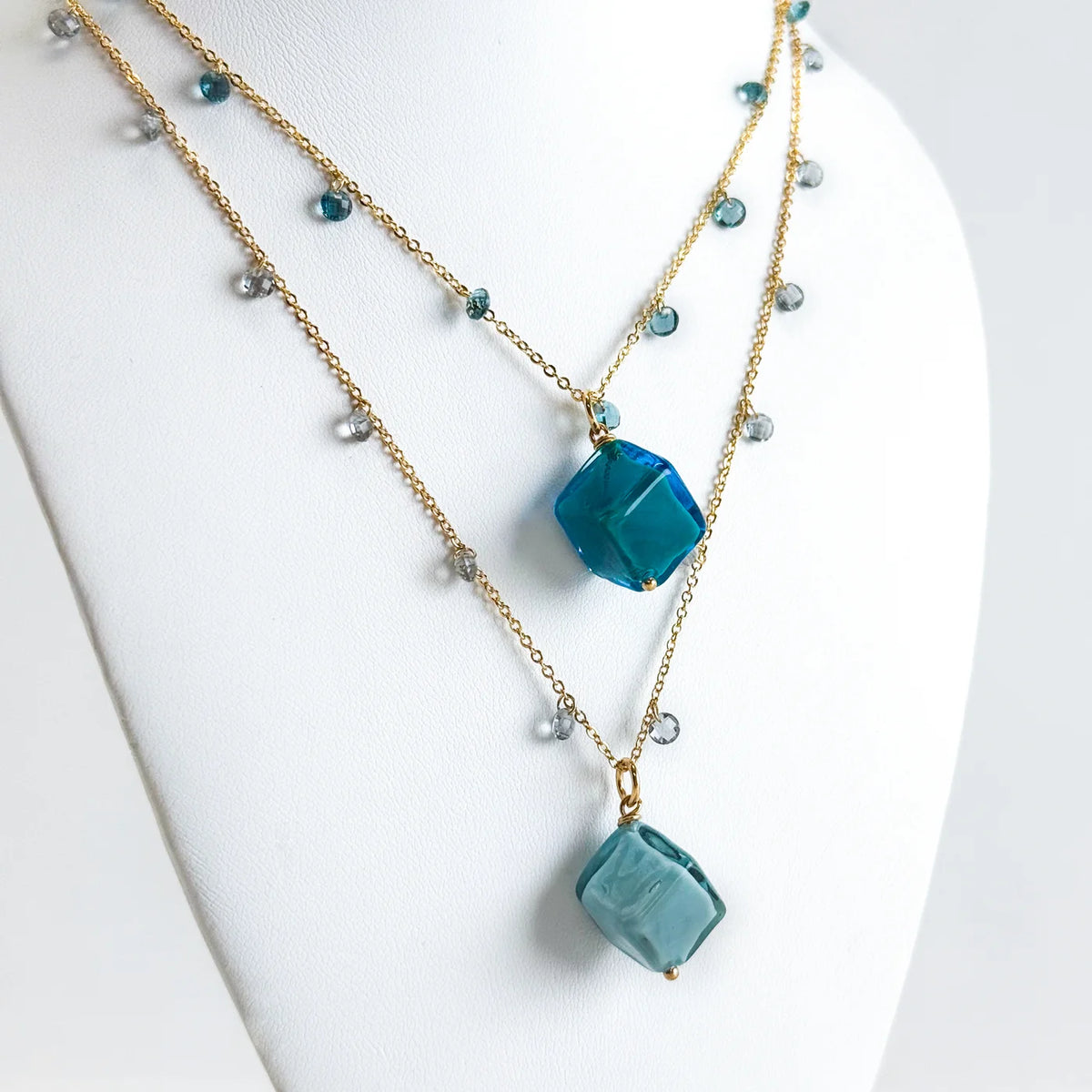 Handcrafted Murano Glass Dolce Necklace with cube-shaped Murano glass pendants on a chain, made in Italy.