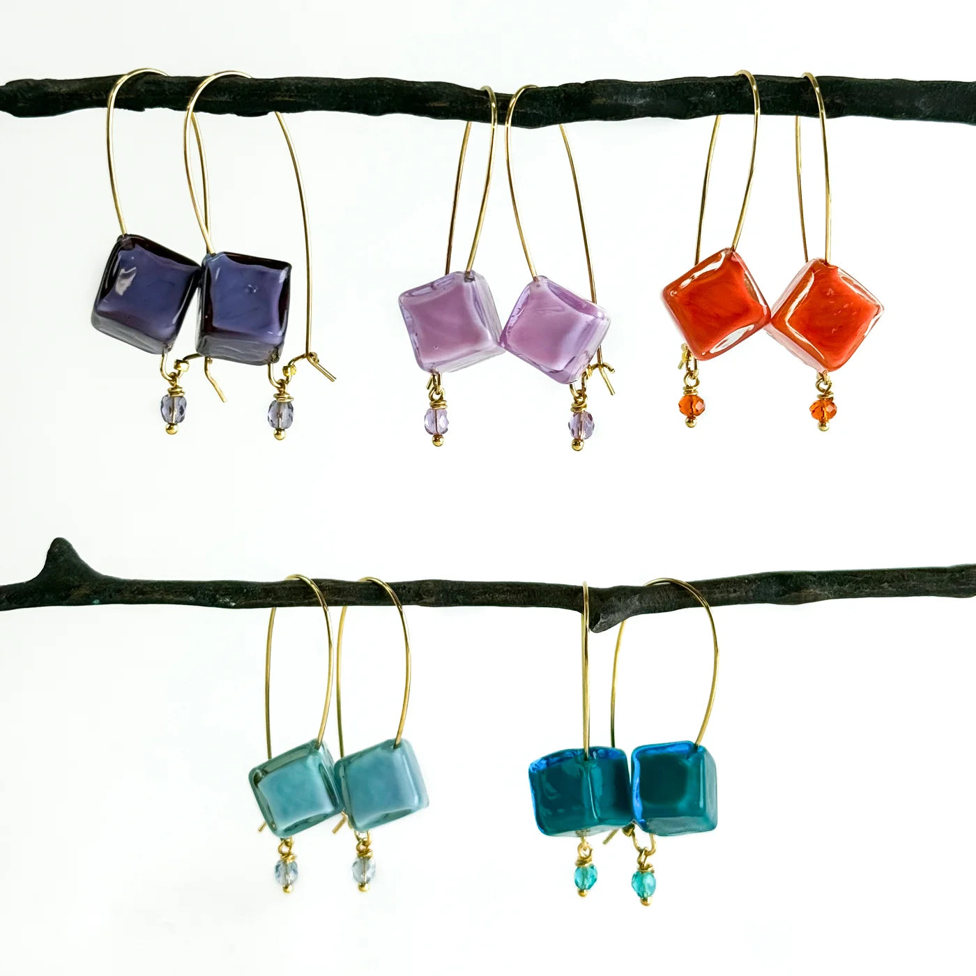 Gold Murano Glass Dolce Earrings handcrafted in Italy, featuring cube-shaped glass design with intricate craftsmanship by My Italian Decor.