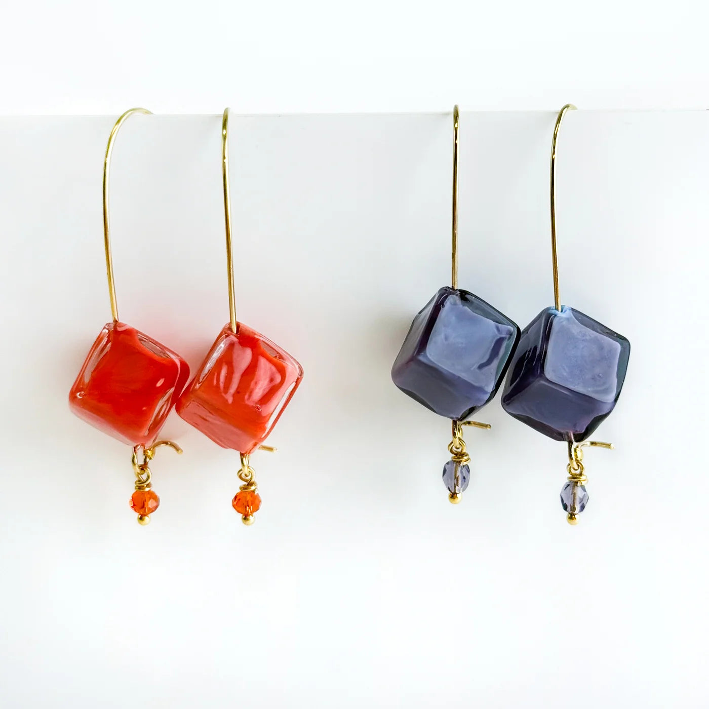 Gold Murano glass Dolce earrings handcrafted in Italy, featuring cube-shaped design and intricate glasswork by My Italian Decor.