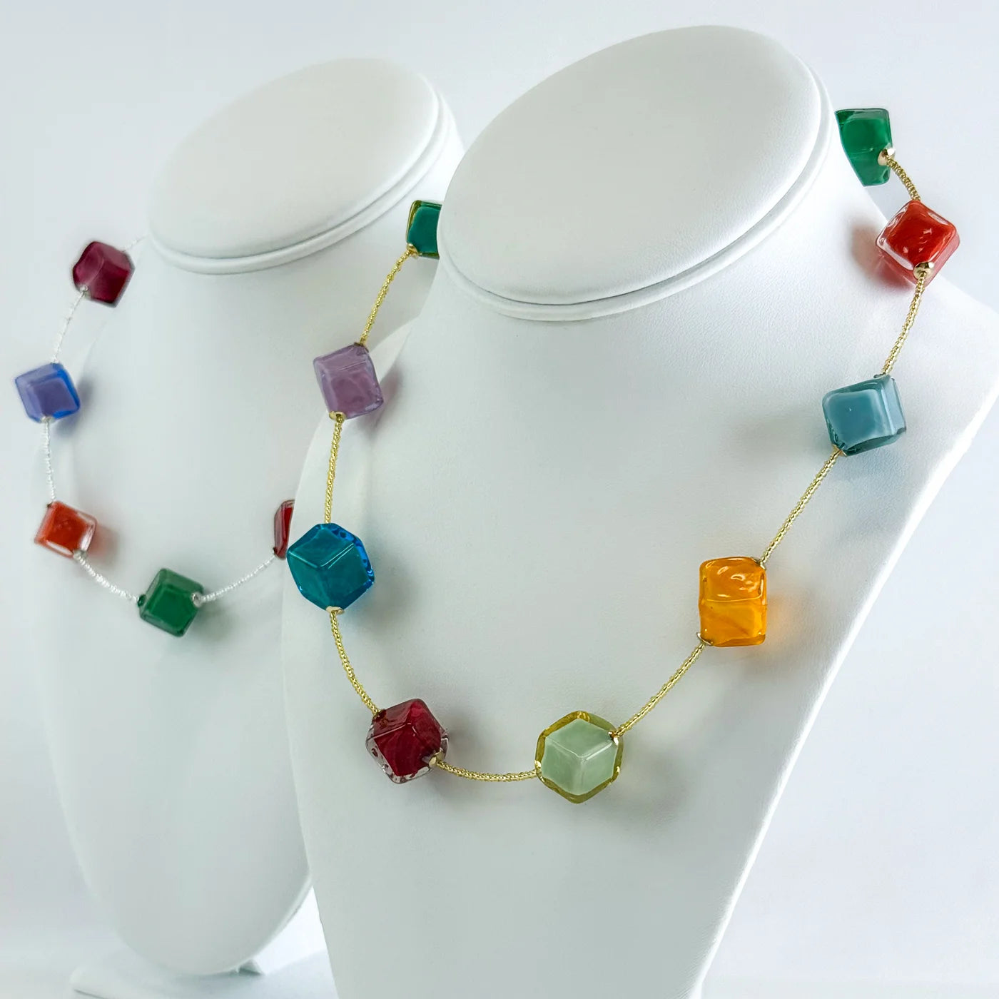 Handcrafted Murano glass cube necklace by My Italian Decor, featuring a single or double strand design in vibrant colors.