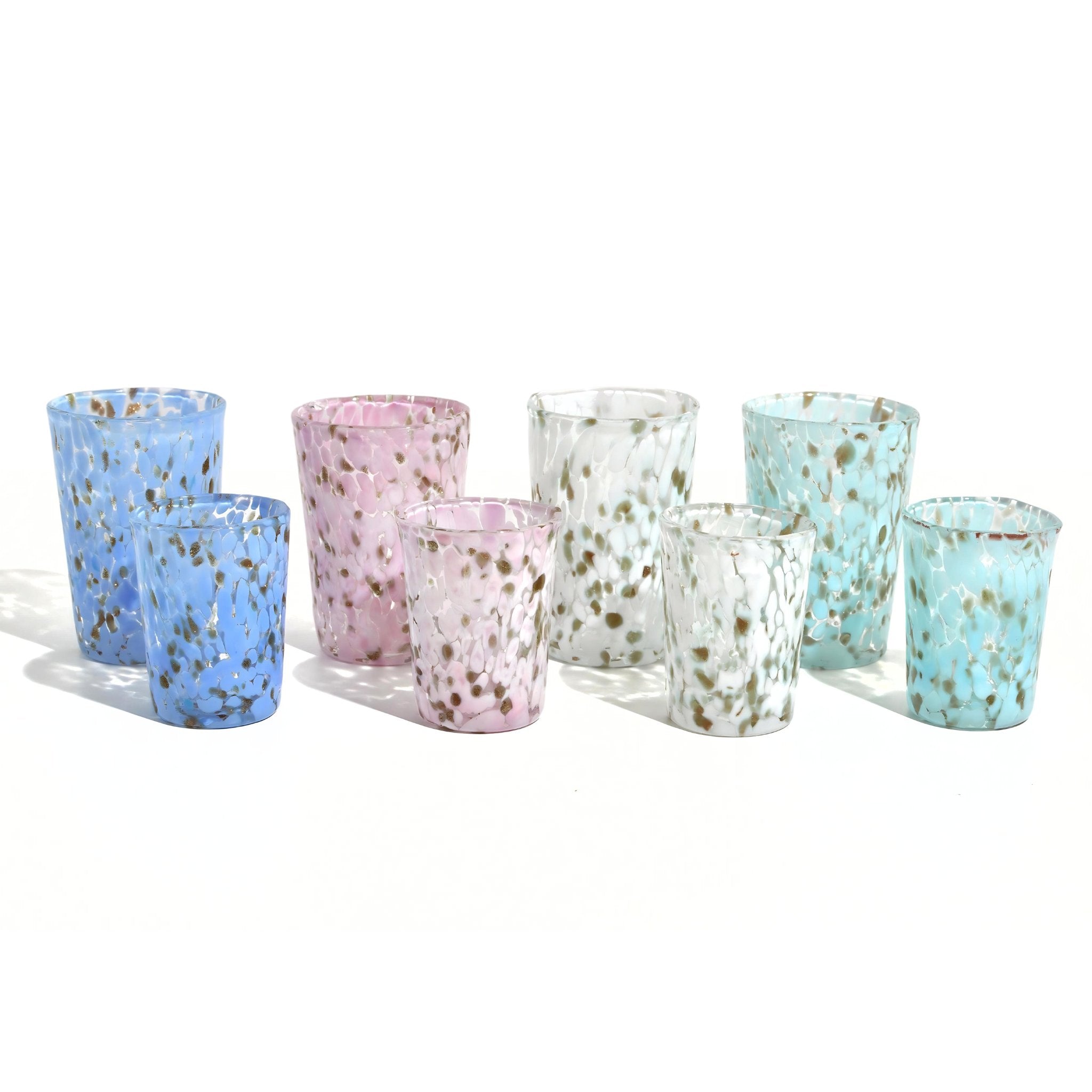 Colorful Murano Glass Tesoro shot glasses by MyItalianDecor, small and mini sizes, vibrant Italian-made glassware for sipping.