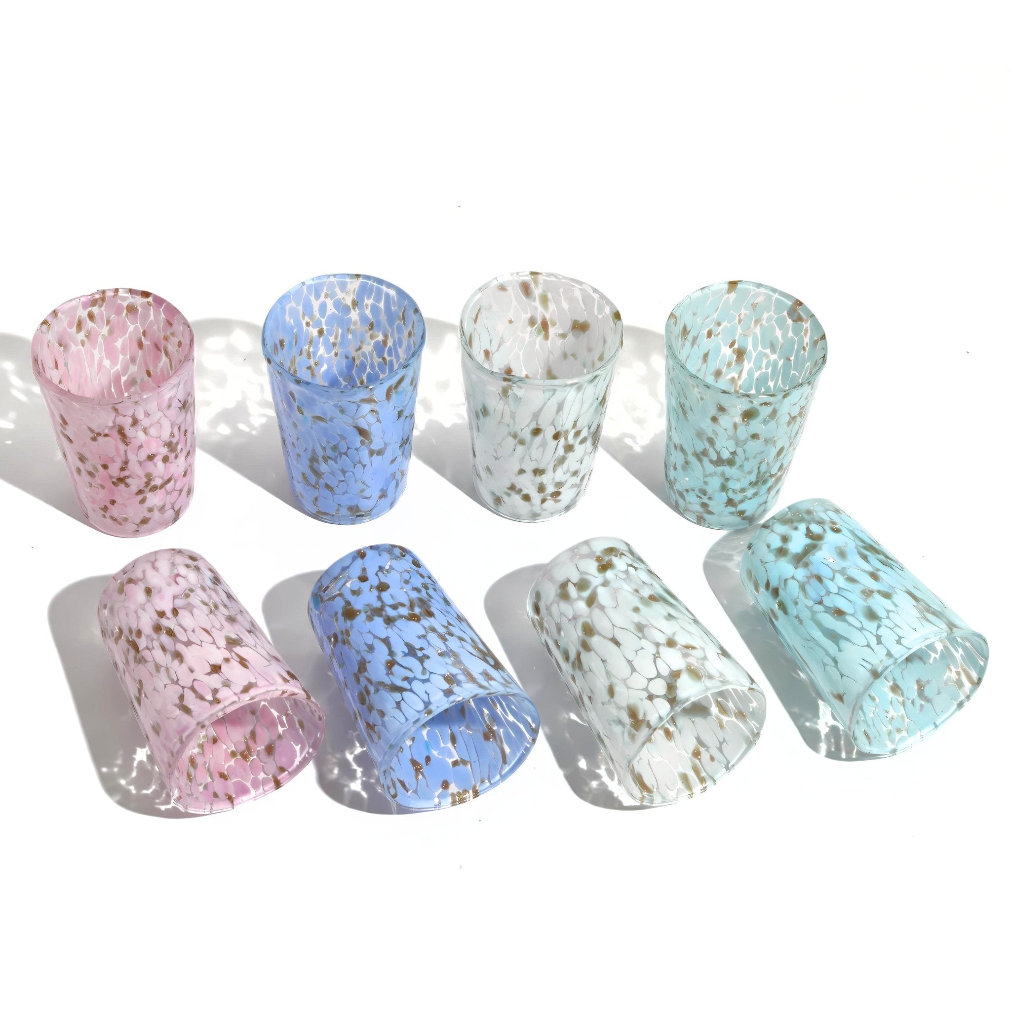 Set of colorful Murano Glass Tesoro shot glasses by MyItalianDecor, handcrafted Italian glassware with vibrant designs.