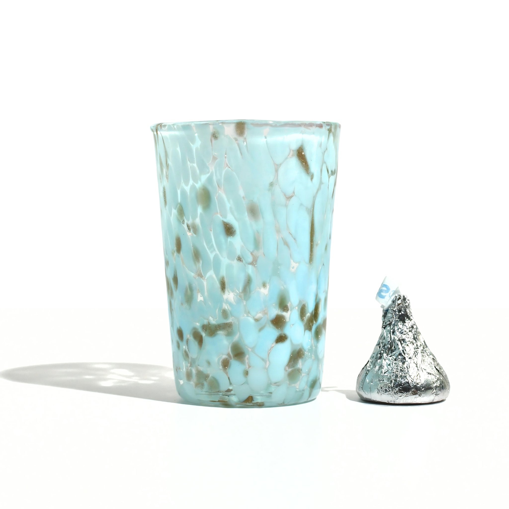 Set of Mint Murano Glass Tesoro Shot Glasses by MyItalianDecor, handcrafted Italian shot glasses with colorful, intricate designs.