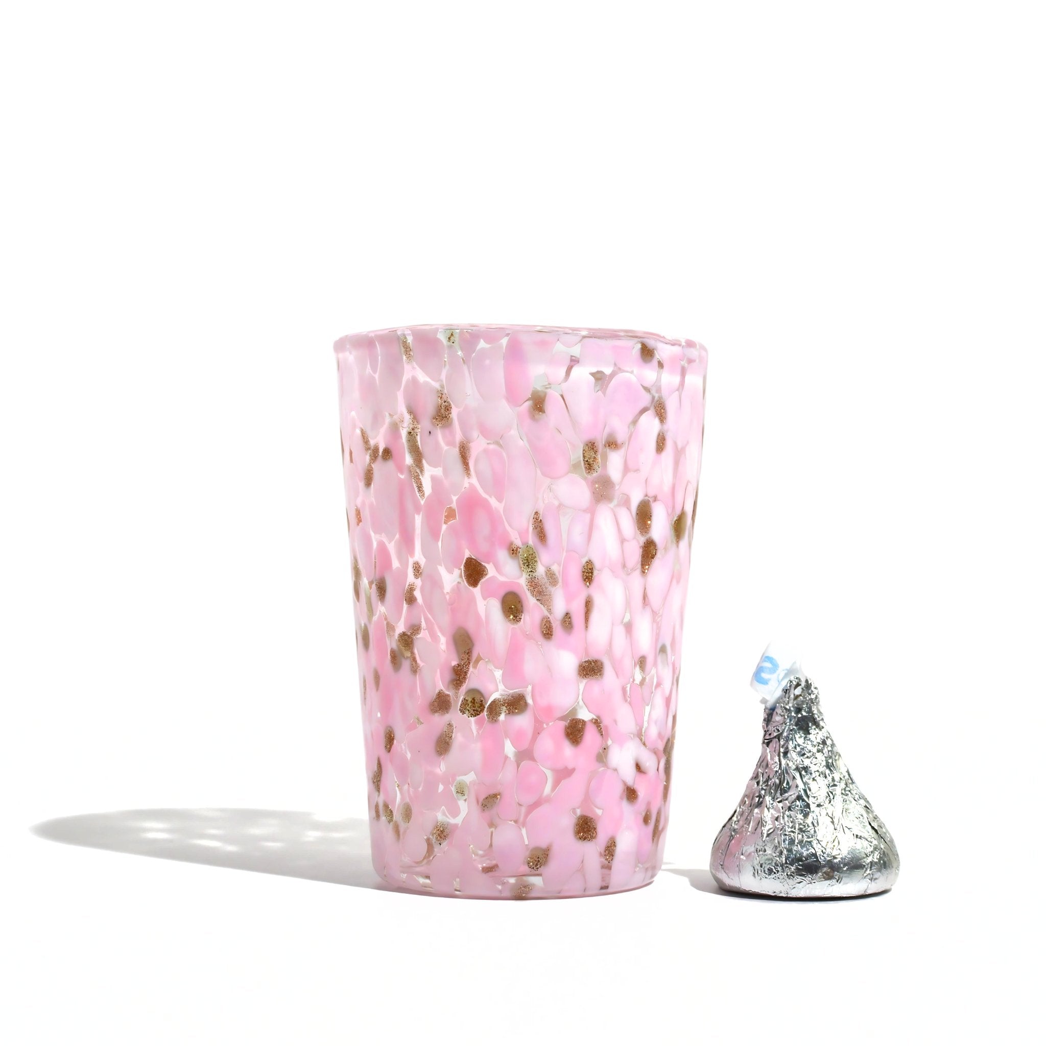 Set of pink Murano Glass Tesoro shot glasses made in Italy, featuring intricate hand-blown glass designs by MyItalianDecor.