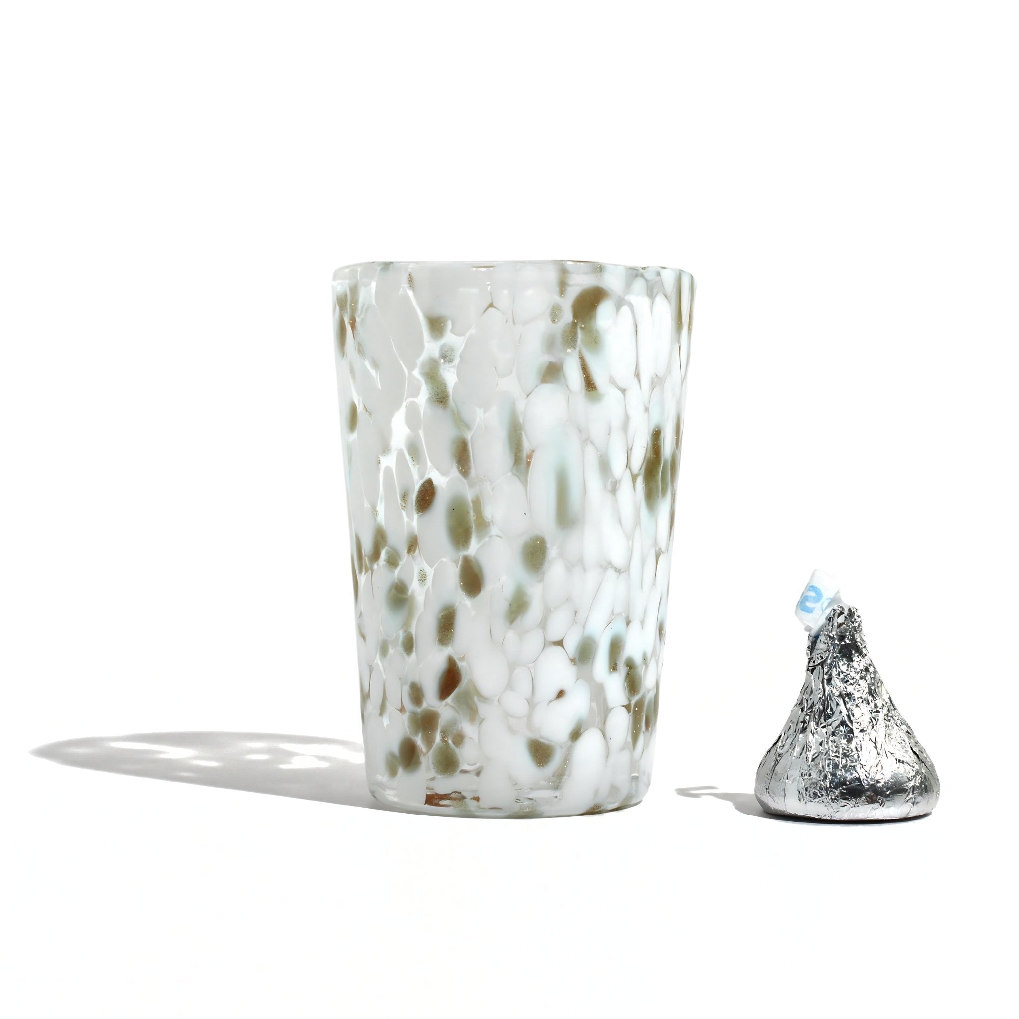 Set of white Murano glass Tesoro shot glasses by MyItalianDecor, showcasing handcrafted Italian glassware on a plain background.