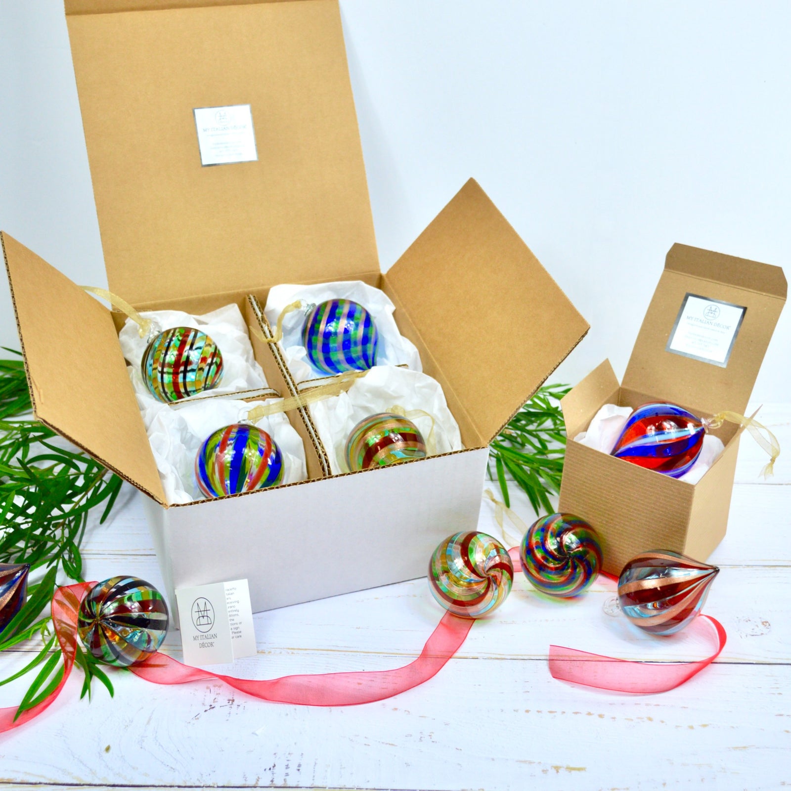 Set of four handcrafted Italian holiday ornaments from My Italian Decor, featuring traditional decorative keepsakes.