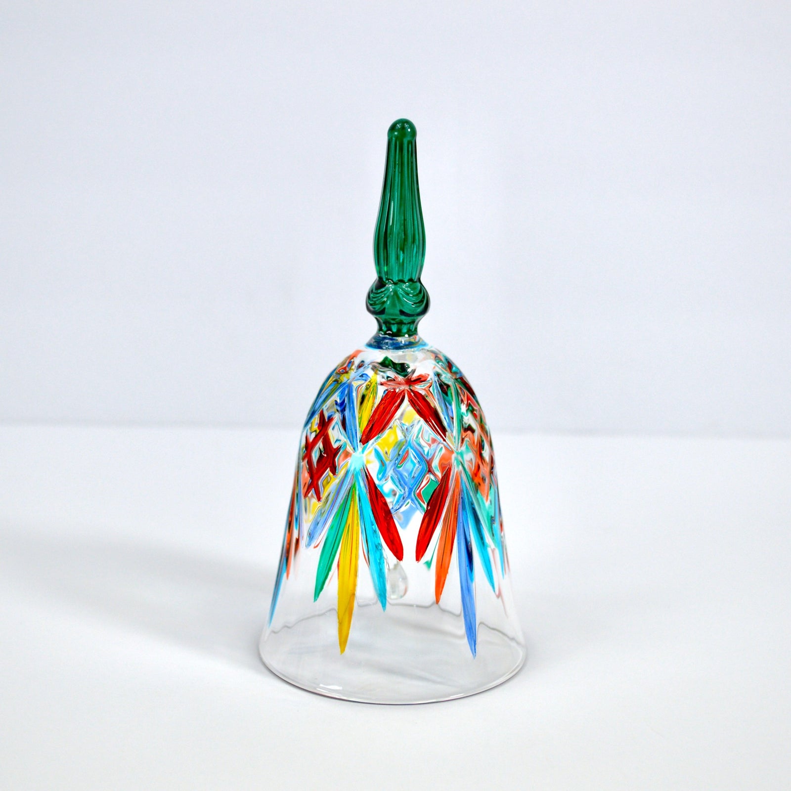 DZ hand-painted Italian crystal bell with a blue handle, showcasing intricate craftsmanship and elegant glass details.
