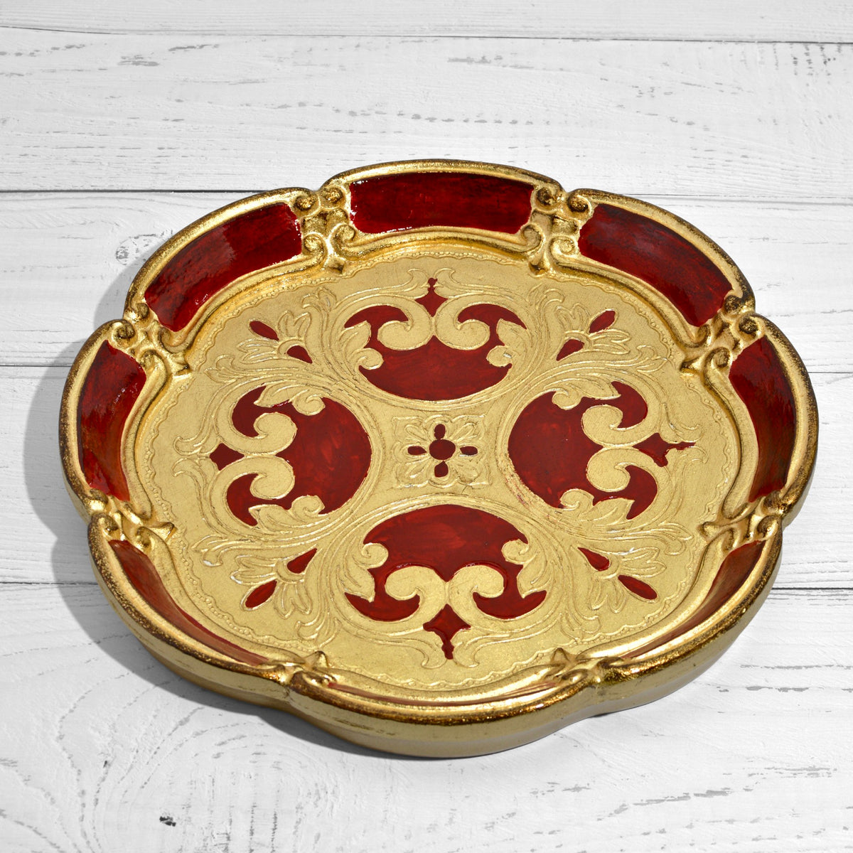 Florentine Carved Wood Round Deep Tray, Made in Italy