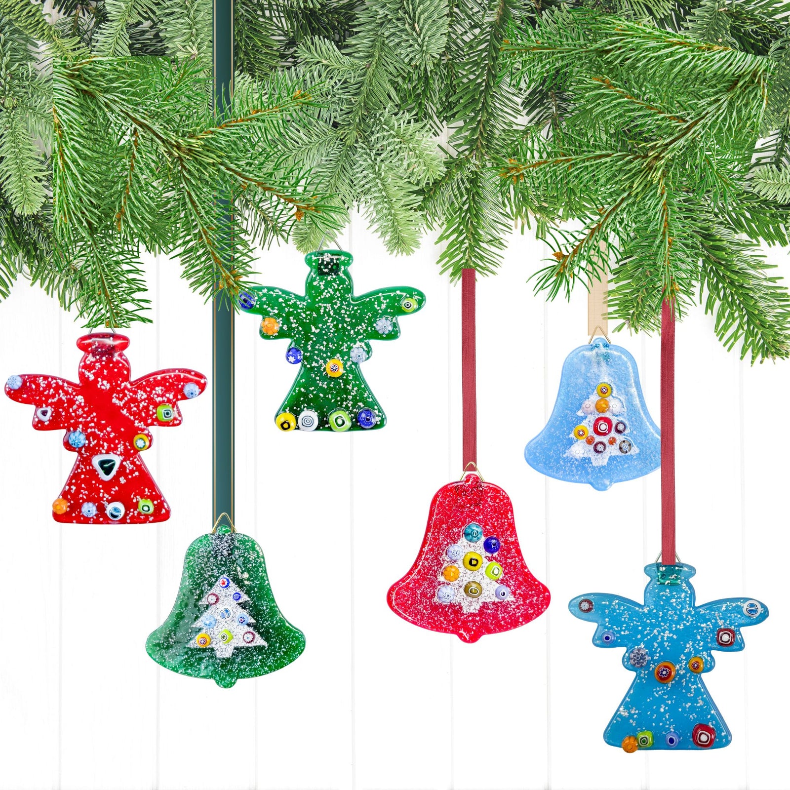 Colorful Murano glass angel ornament with Millefiori design, crafted in Italy, showcasing intricate glasswork and vibrant patterns.