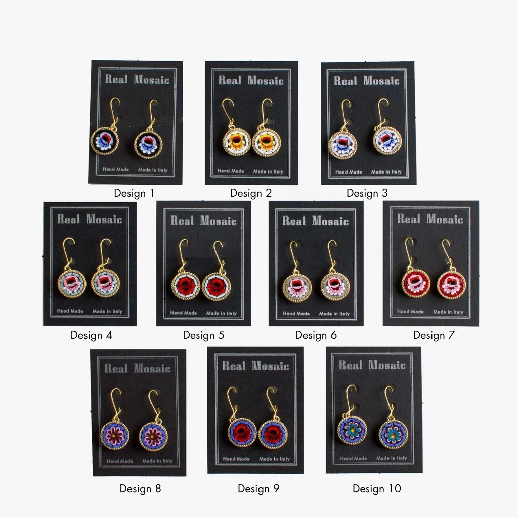 Florentine mosaic large floral earrings with circular design, made in Italy, featuring intricate colorful patterns and craftsmanship.