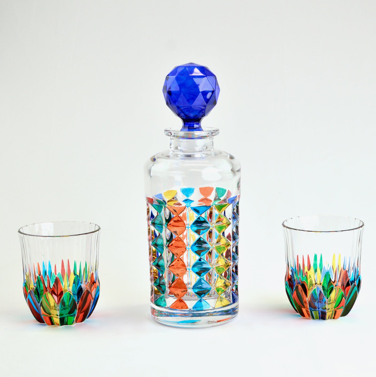 DZ Diamond Italian Crystal Decanter, hand-painted with intricate design, made in Italy, showcasing elegant craftsmanship and clarity.