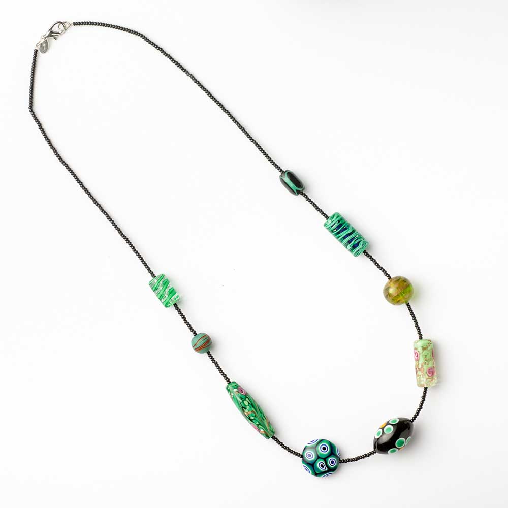 Green Murano glass bead necklace by 9th Heaven, featuring colorful handcrafted glass beads, stylish jewelry for women.