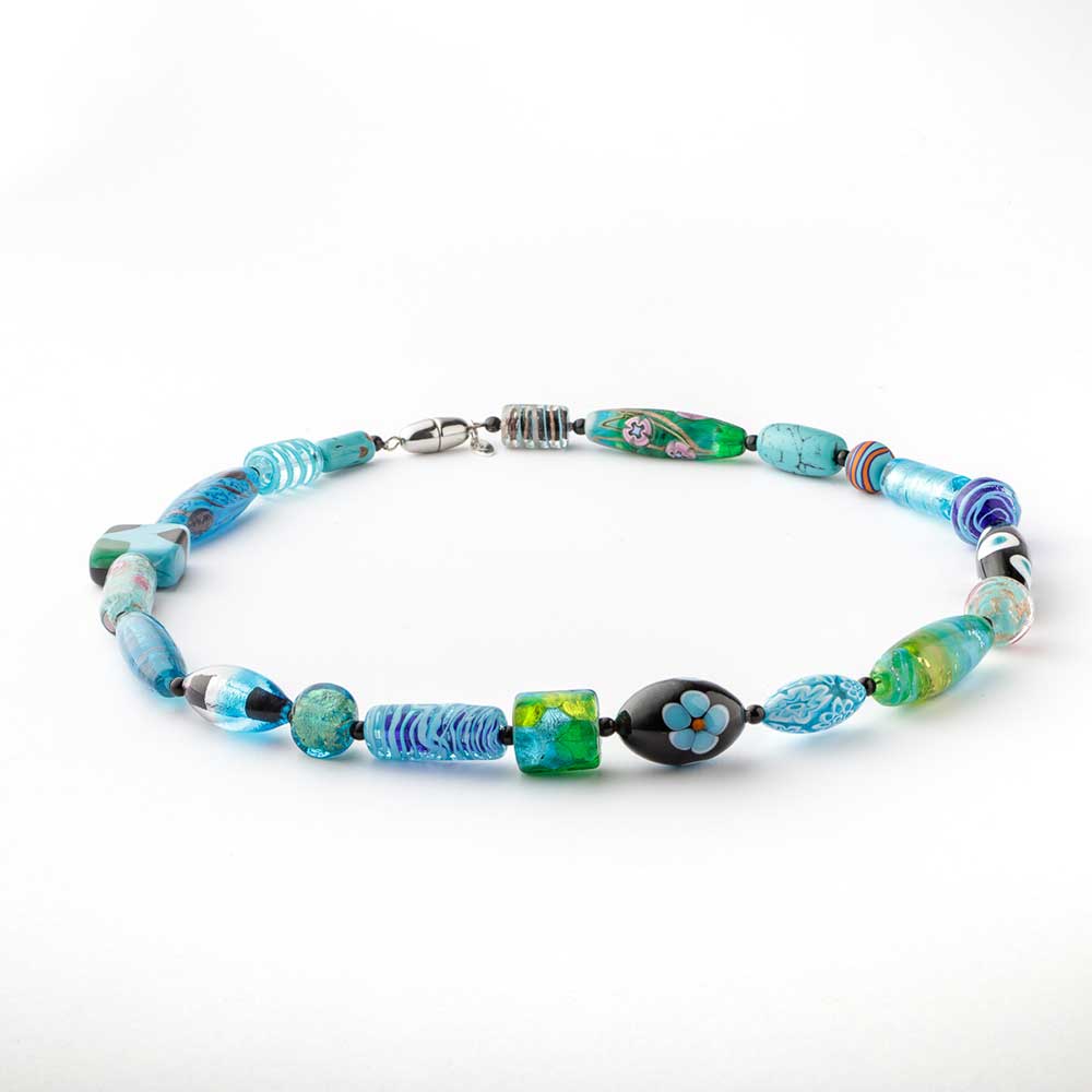 Light blue Murano glass melting pot necklace with intricate glasswork, crafted by My Italian Decor, showcasing elegant jewelry design.