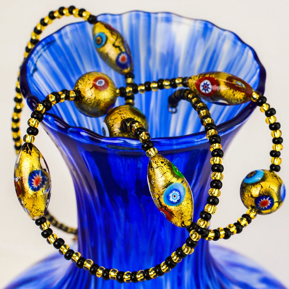 Gold Foil and Murano Glass Millefiori Bead Necklace