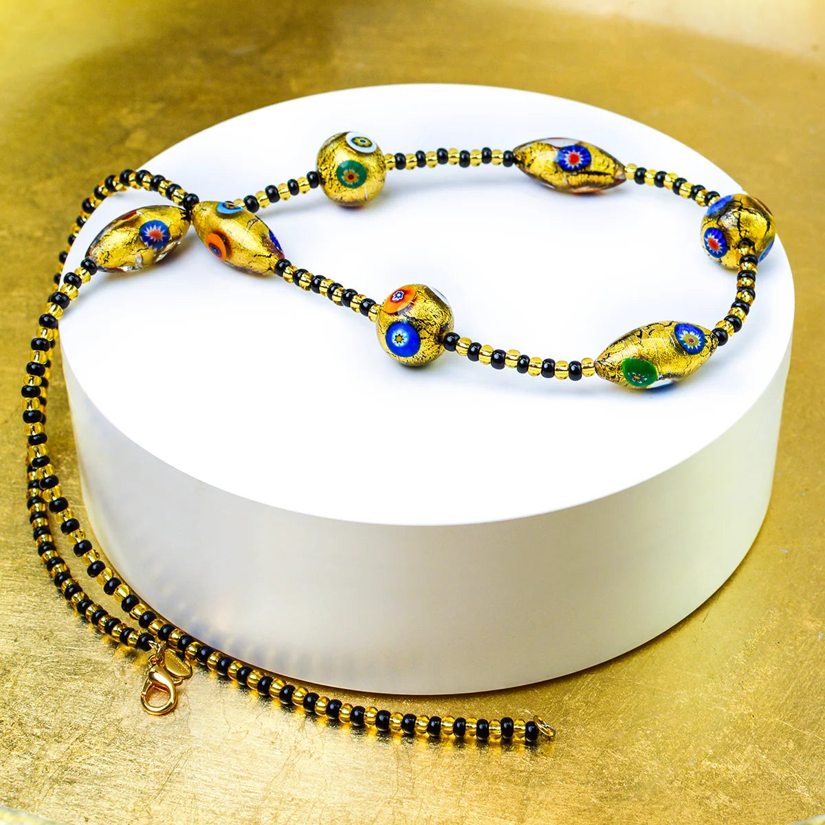 Gold Foil and Murano Glass Millefiori Bead Necklace