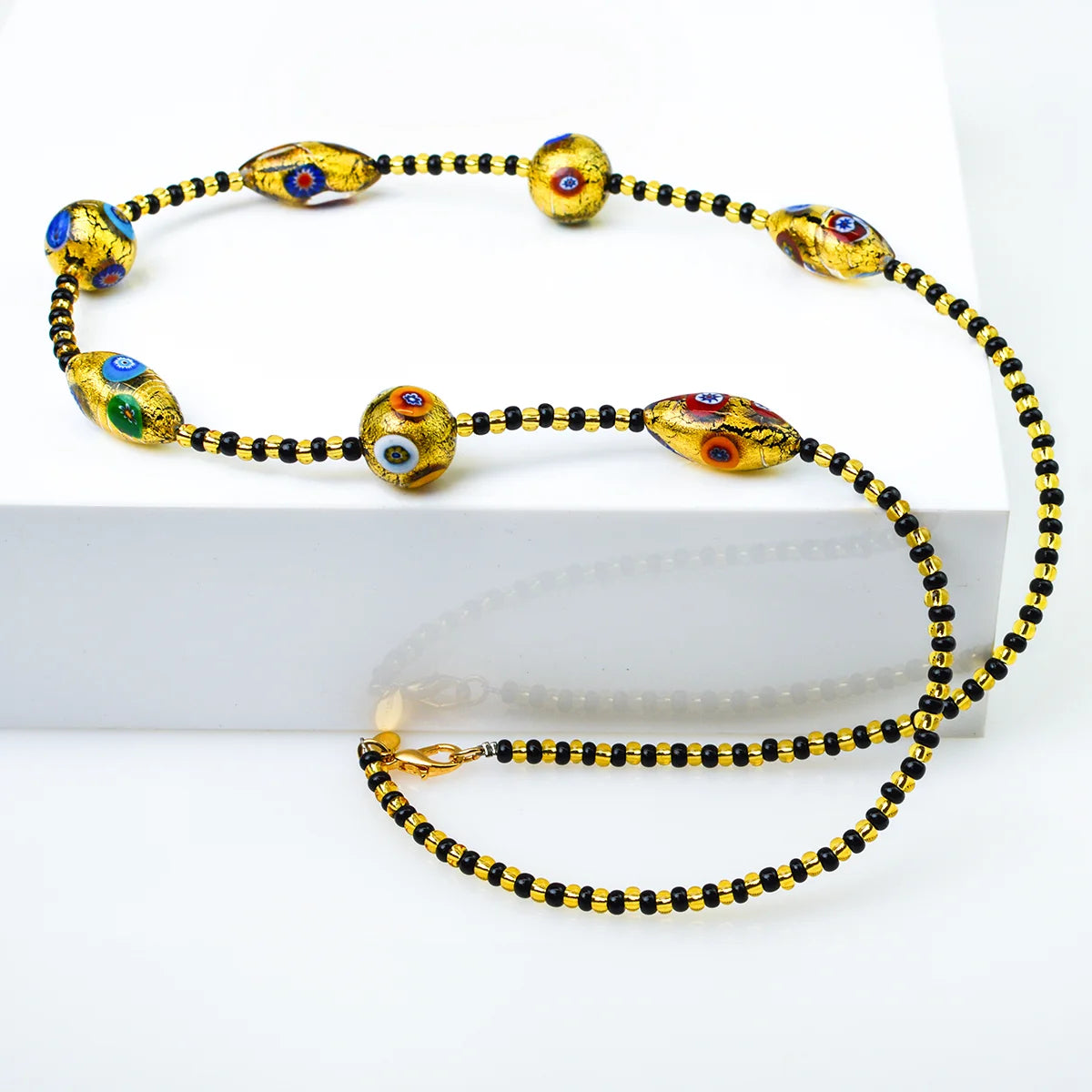Gold Foil and Murano Glass Millefiori Bead Necklace