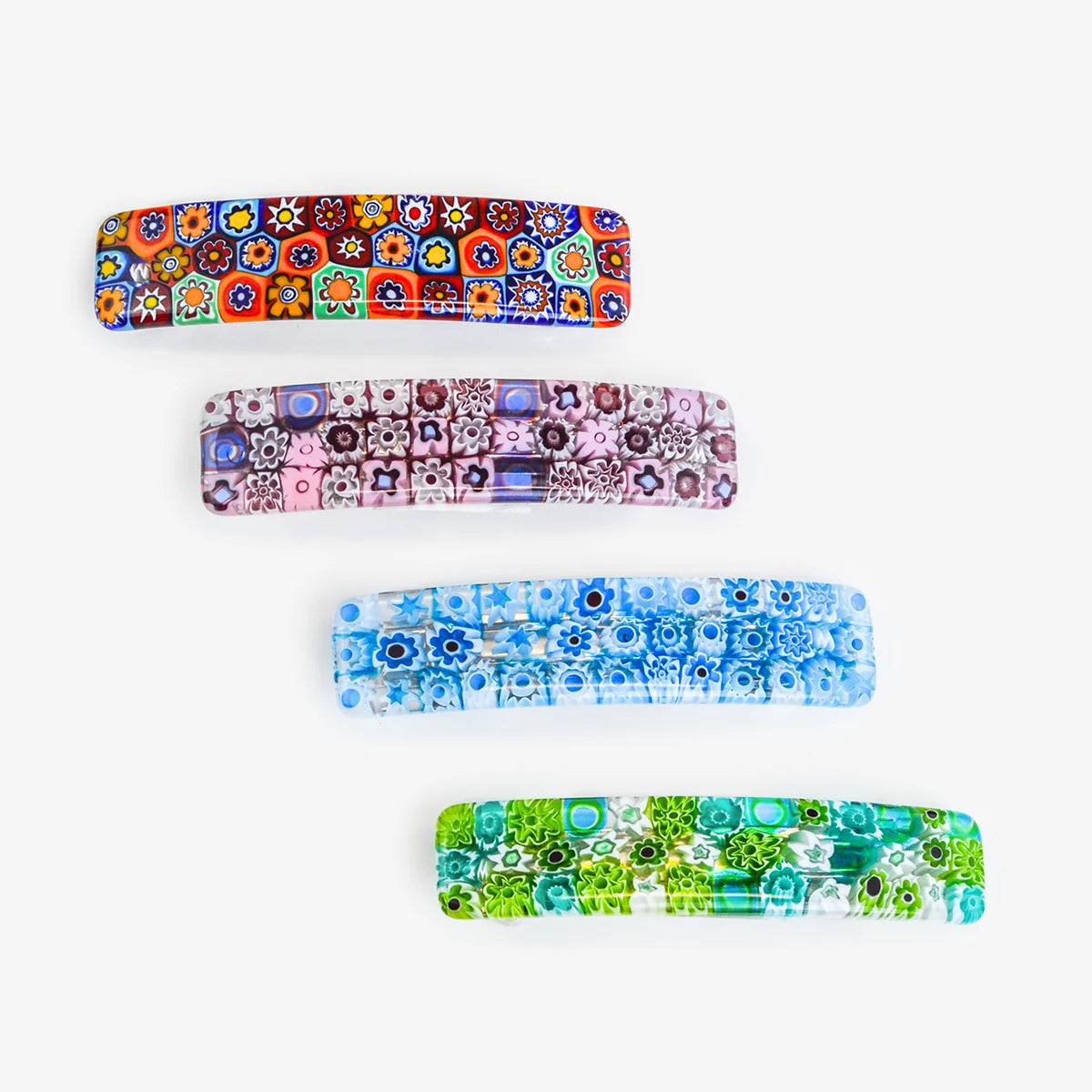 Millefiori Murano glass barrettes with colorful floral patterns, crafted by My Italian Decor.