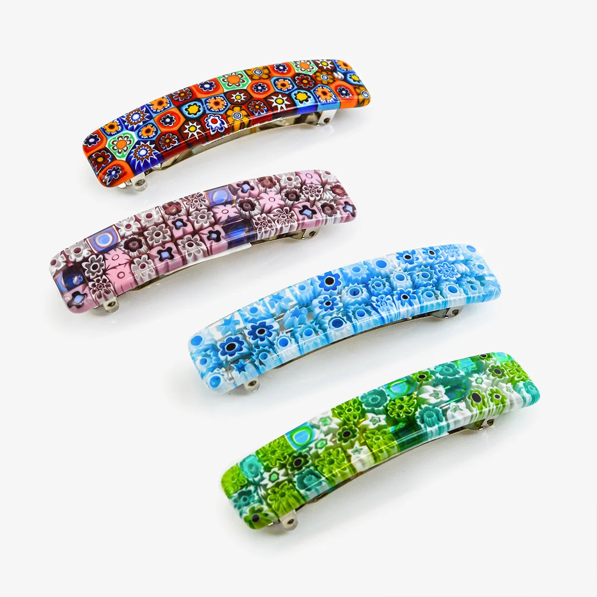 Millefiori Murano glass barrettes with colorful floral patterns, designed by My Italian Decor for elegant hair styling.