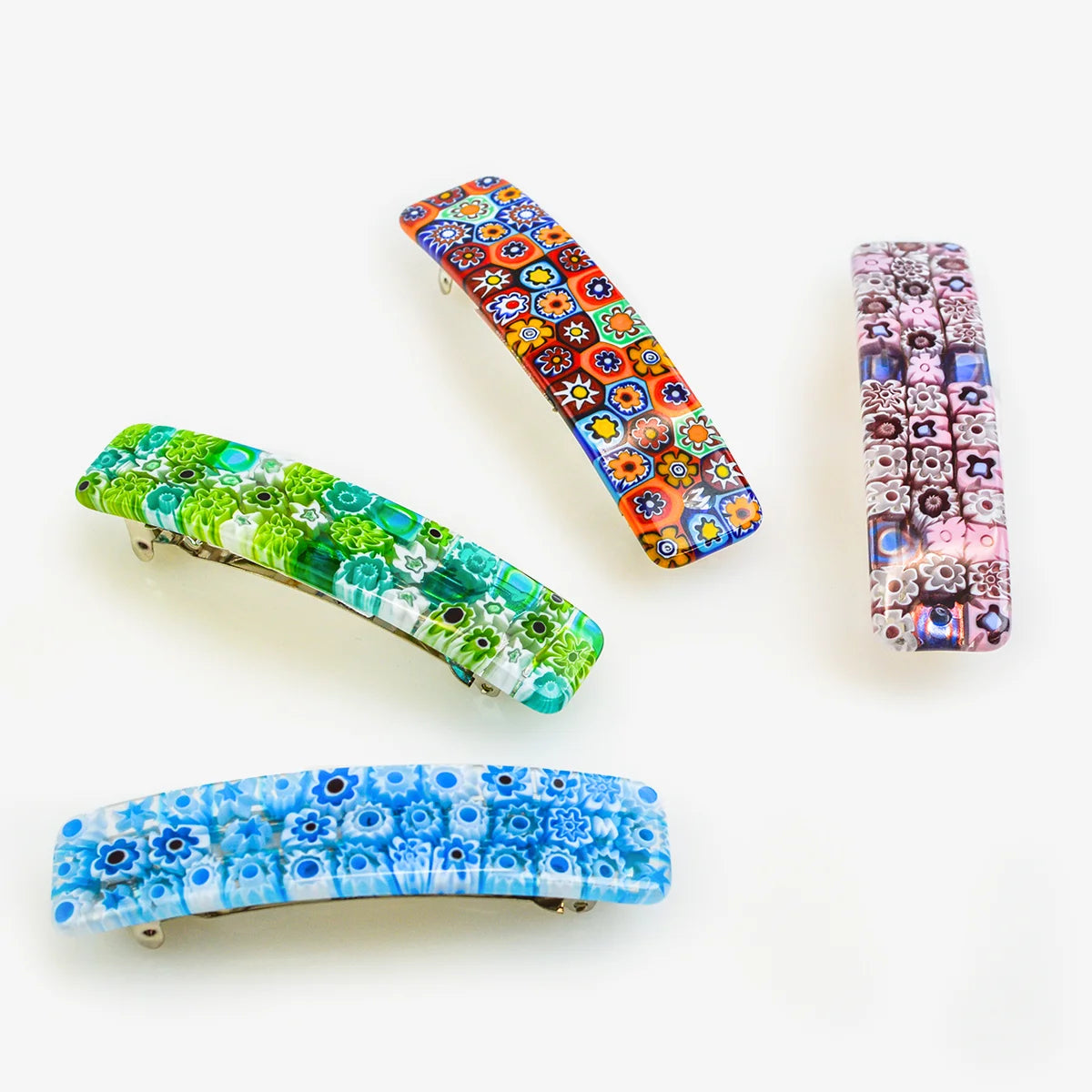 Colorful Millefiori Murano glass barrettes by My Italian Decor, featuring intricate patterns and vibrant glass designs.